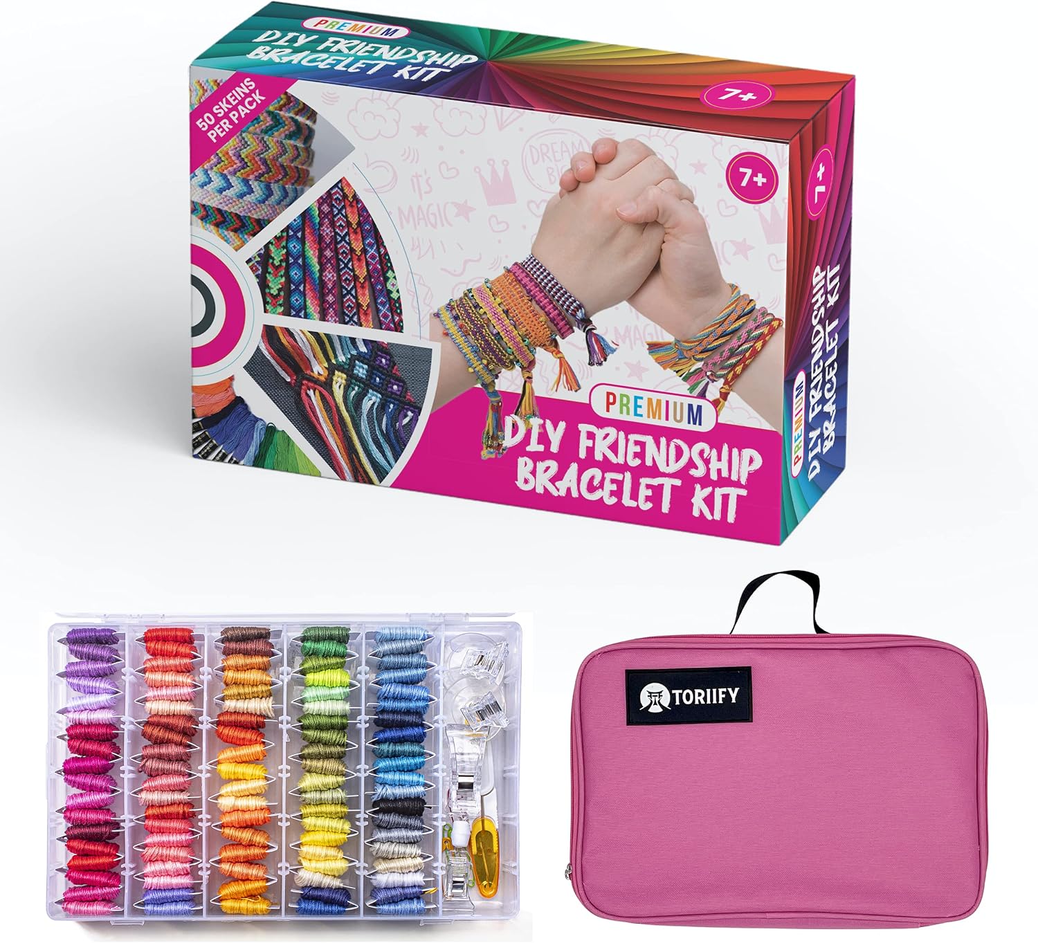 Toriify Friendship Bracelet String, Premium Embroidery Floss with 100 Vibrant Colors Corresponding to DMC Yarn Color Chart,Durable Cross Stitch Thread Kit with Storage Box & an Elegant Carrying Bag