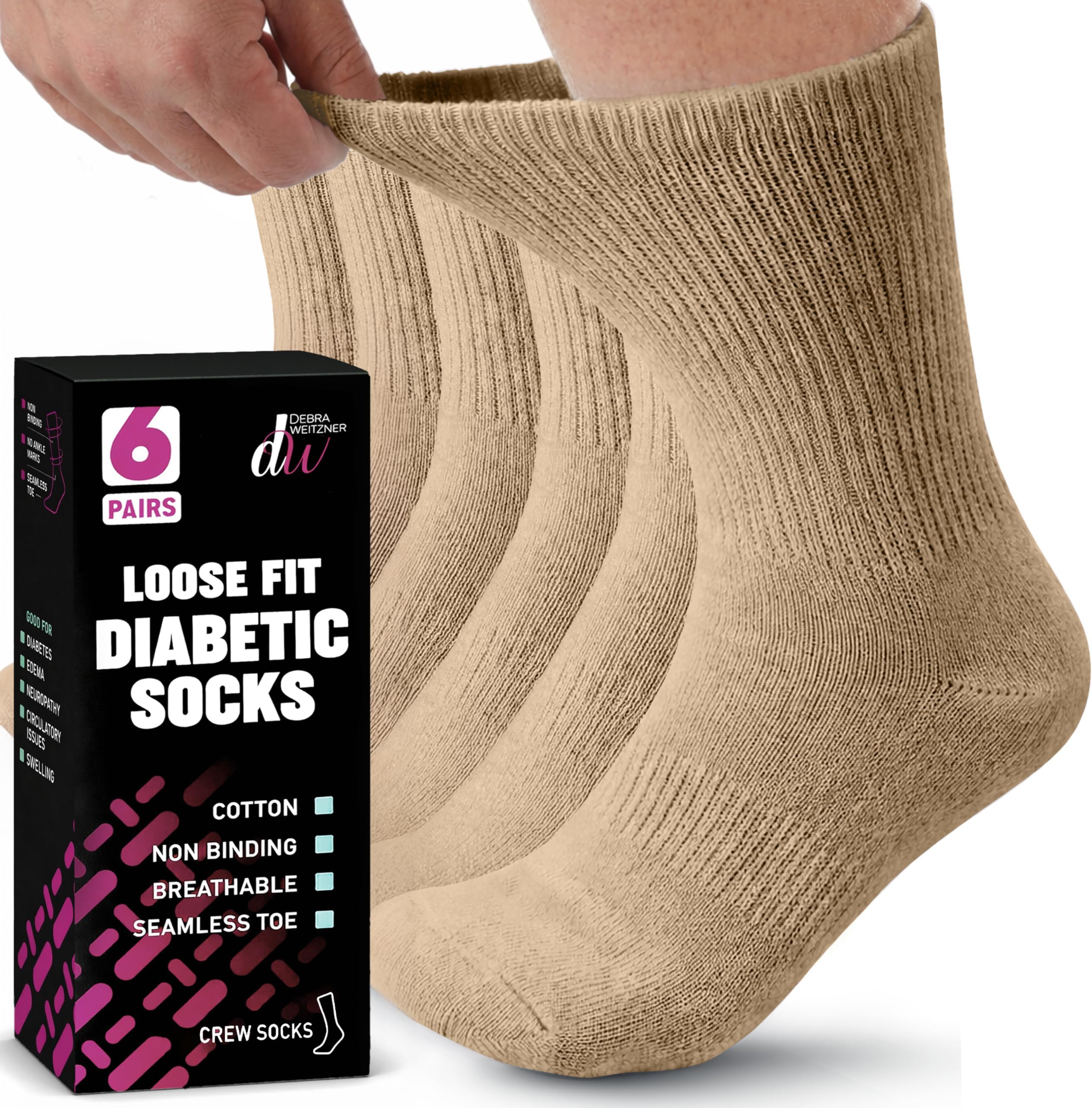 Debra Weitzner Mens Womens Diabetic Socks - Crew or Ankle Length - Cotton - Black, White or Grey - 6 Pairs