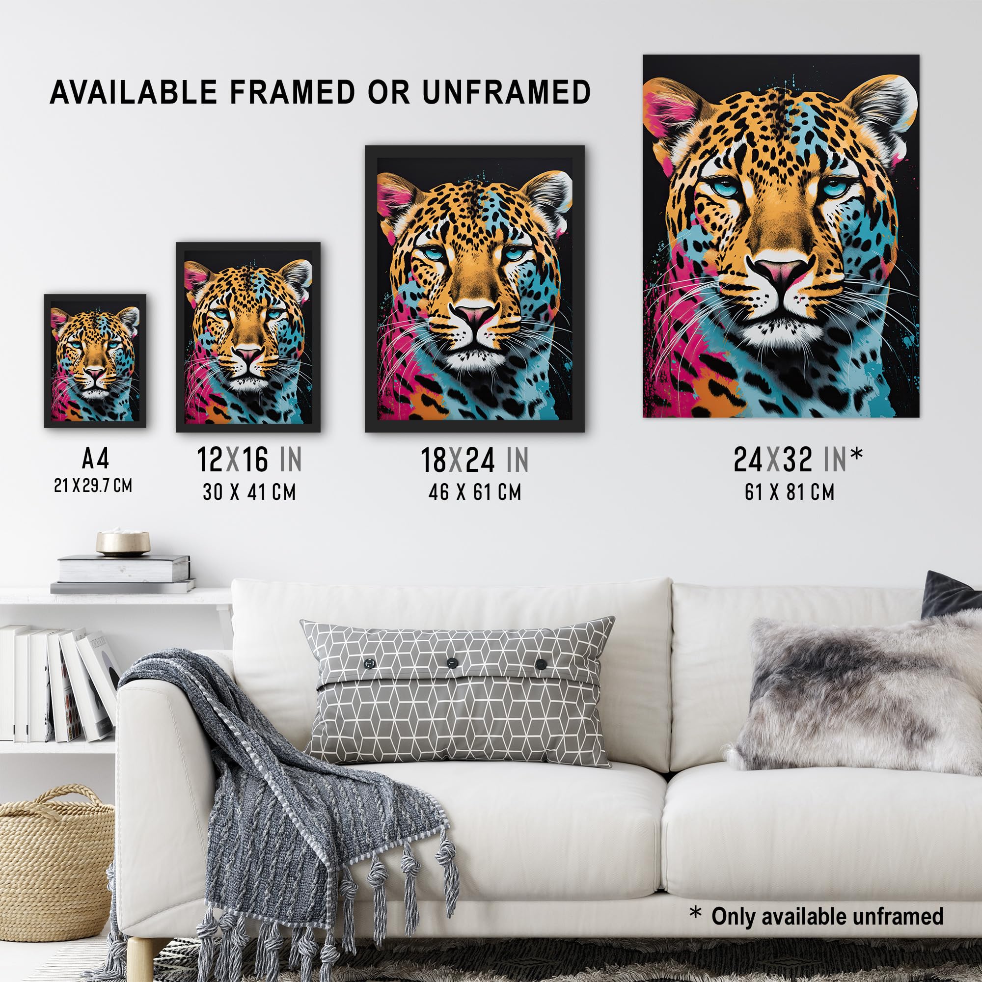 Artery8 Leopard Lounge By Fiona Bryant Cat Head Pop Art Pink Blue Modern Extra Large XL Wall Art Poster Print - Image 3