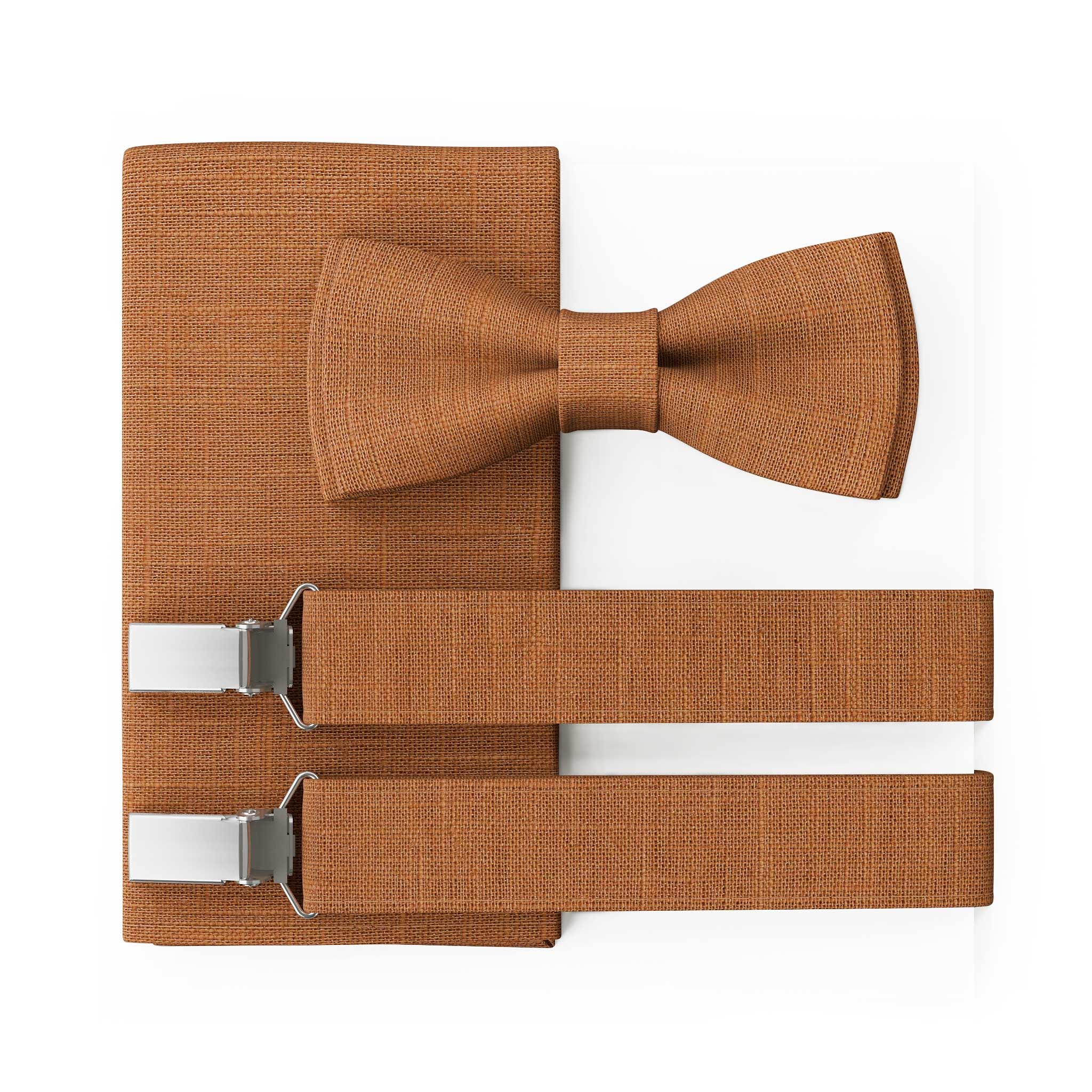 Papillon da Uomo in Lino | Arancione Marrone | Papillon da Matrimonio Vegano Pre-annodato | Opzionale con Fazzoletto da Taschino & Bretelle | Large Batwing | Fatto a Mano in Germania
