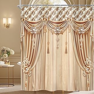 Riyidecor Gold Golden Printed Shower Curtain (No Tie Back) Luxury Bridal Shower Champagne Elegant Modern 72Wx78H Inch European Style Vintage Fabric Decor Bathroom Polyester Waterproof 12 Pack Hooks