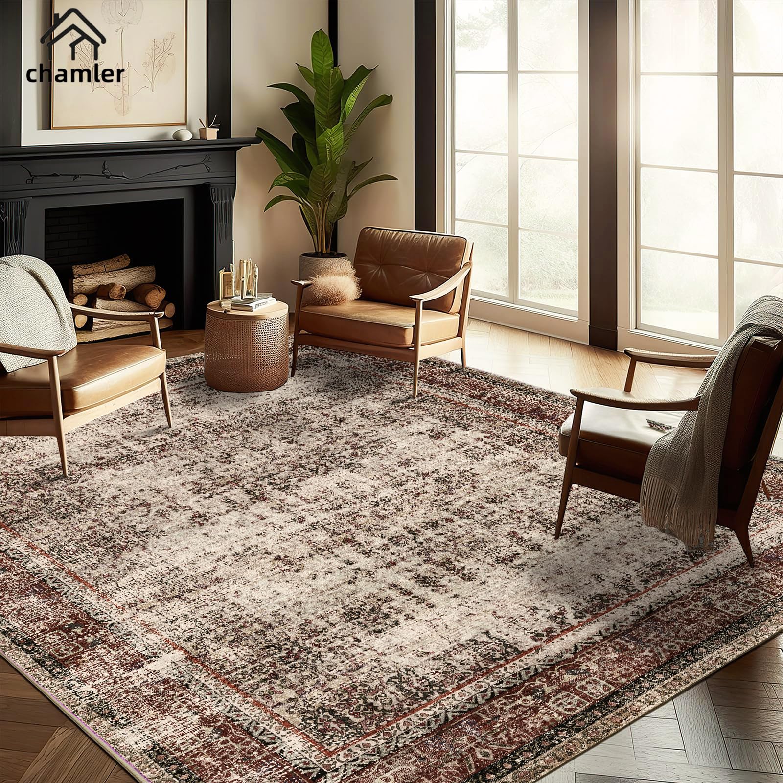 9x12 Washable Area Rug Boho Chic Medallion Distressed Design Non-Shedding Easy Care Ideal for High Traffic Areas in Rug for Living Room Bedroom Office Coffee Table Large Carpet