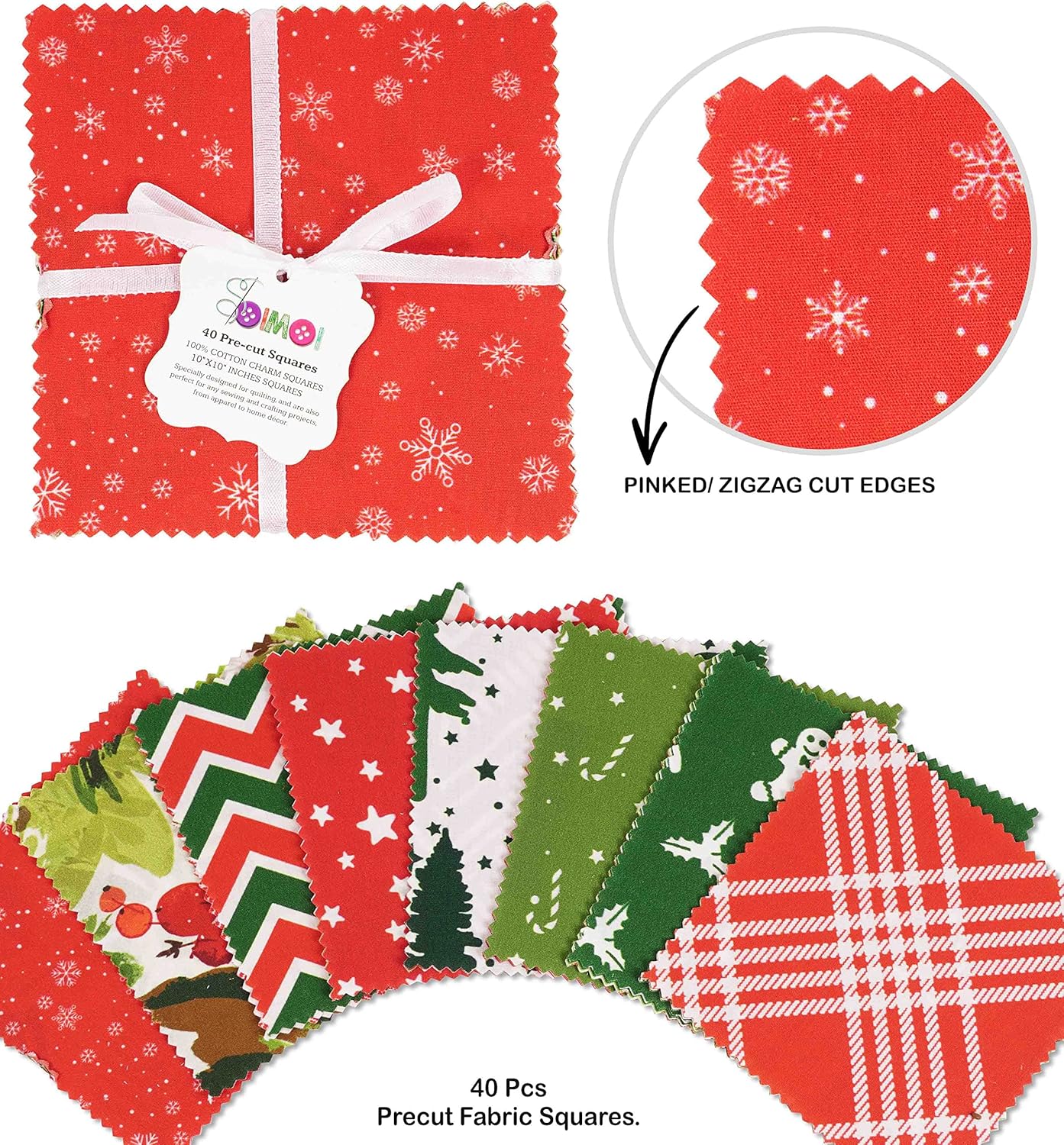 Soimoi Precut 10-inch Christmas Prints Cotton Fabric Bundle Quilting Squares Charm Pack DIY Patchwork Sewing Craft- Red & Green