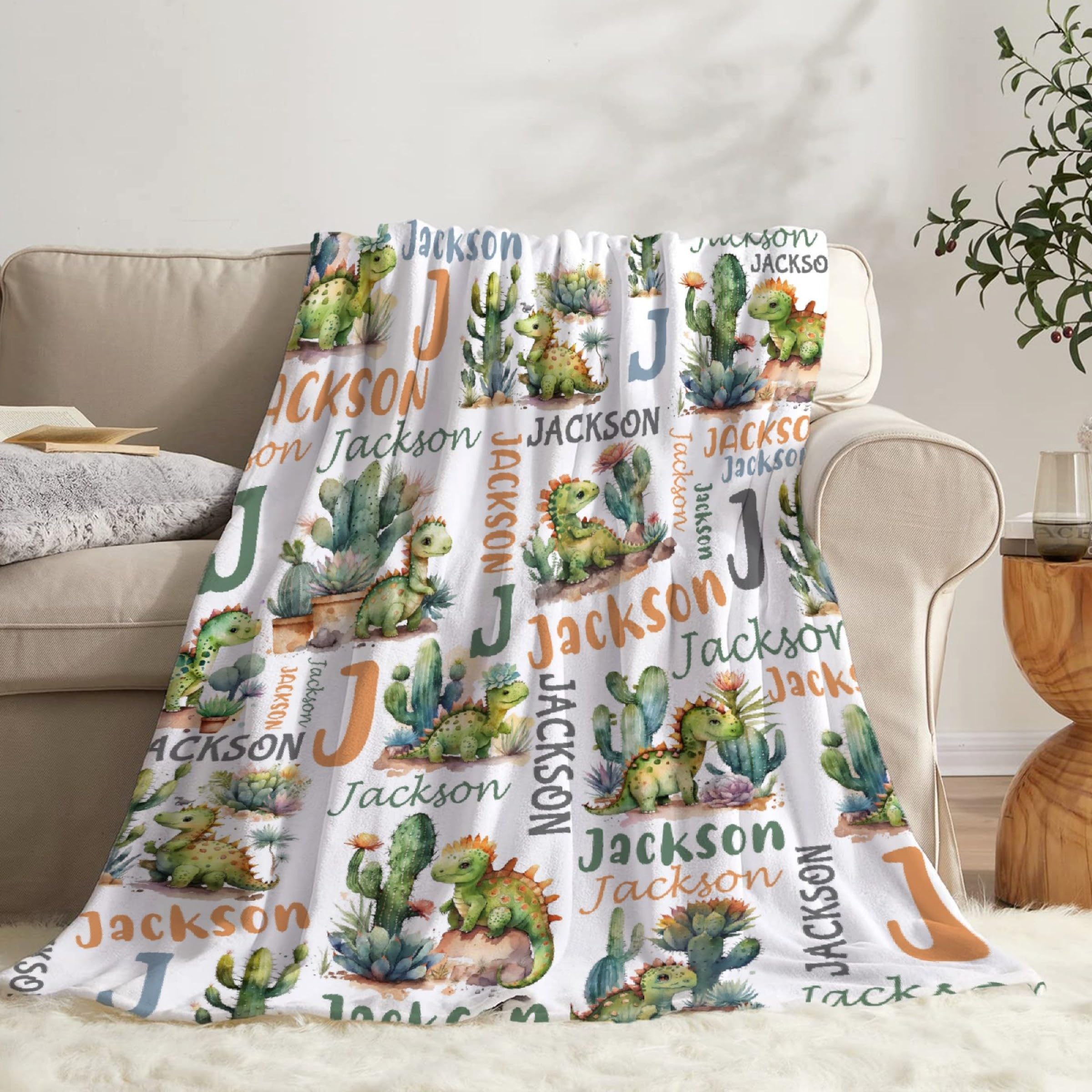 Todeyya Personalized Dinosaurs Cactus Baby Blanket Gifts Custom Dinosaurs Toddler Blankets for Boys Dinosaurs Plush Throw Blanket, Personalized Dinosaurs Cactus Bedding Room Decor 30
