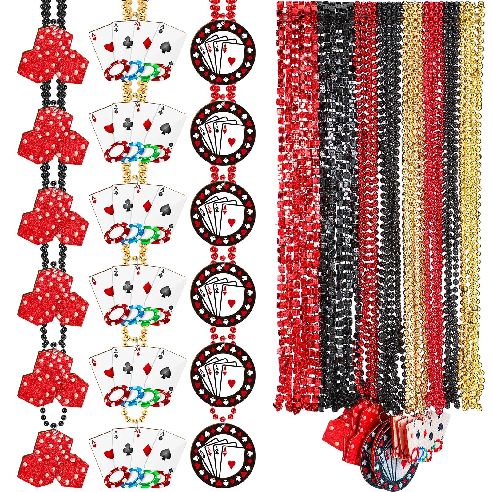 Relaxgiant 36 Pcs Casino Night Beaded Necklaces Bulk 3 Types Poker Dice Sign Necklaces Casino Party Favors Las Vegas Game Night Decorations, Red Black Gold