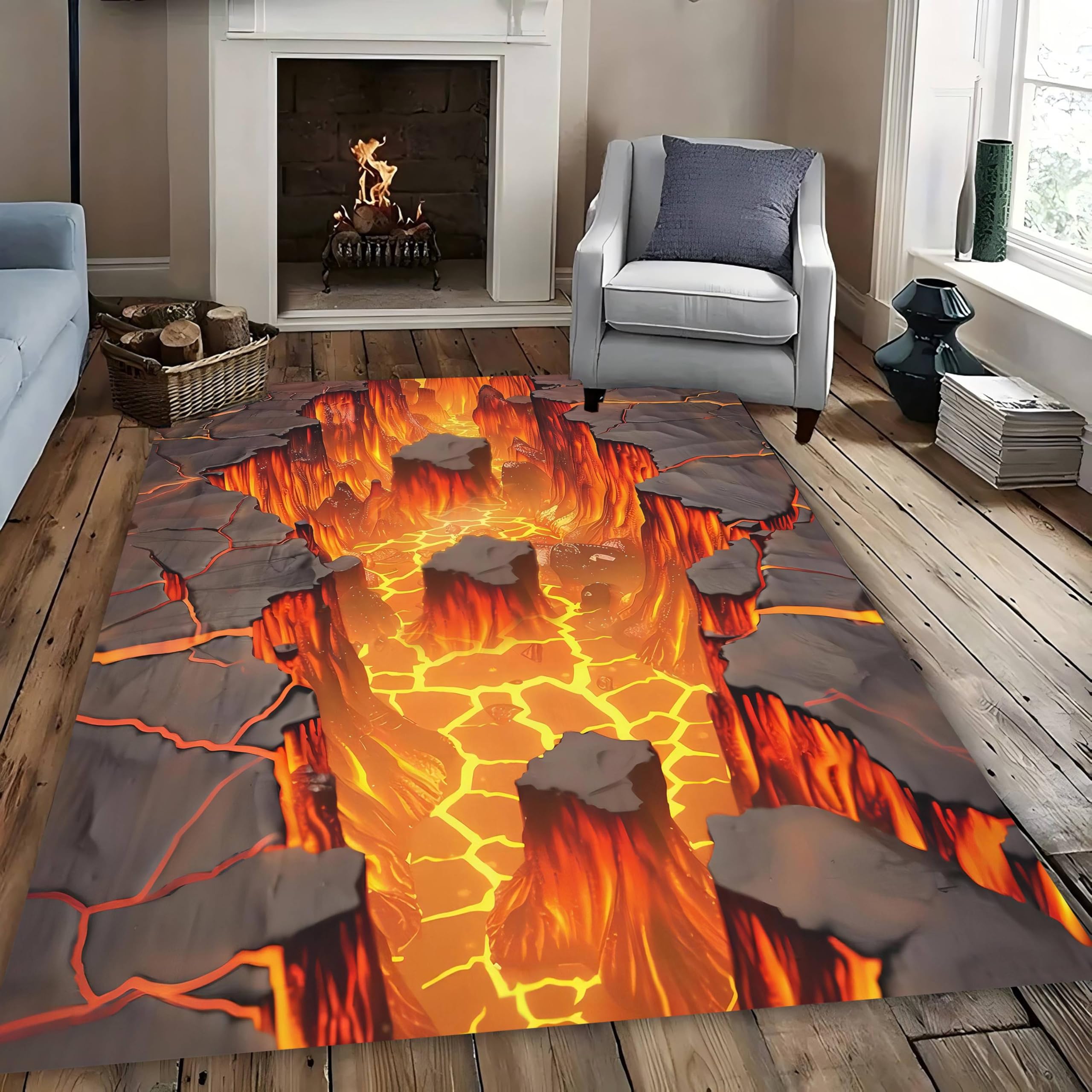 MUOUCTE 3D Flame Area Rug, 180x260cm Lava Optical Illusion Living Room Non-Slip Carpet, Soft Durable Washable Kids Bedroom Decorative Rug, Office Dormitory Apartment Indoor Rug