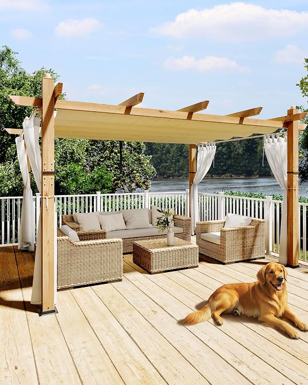 KYBOLT 10x13 Ft Outdoor Pergola with Retractable Canopy Aluminum Gazebo Imitation Wood-Grain Post with Side Mesh Screen Pavilion for Backyard Deck-Beige+White by KYBOLT - Used condition - US$368.35