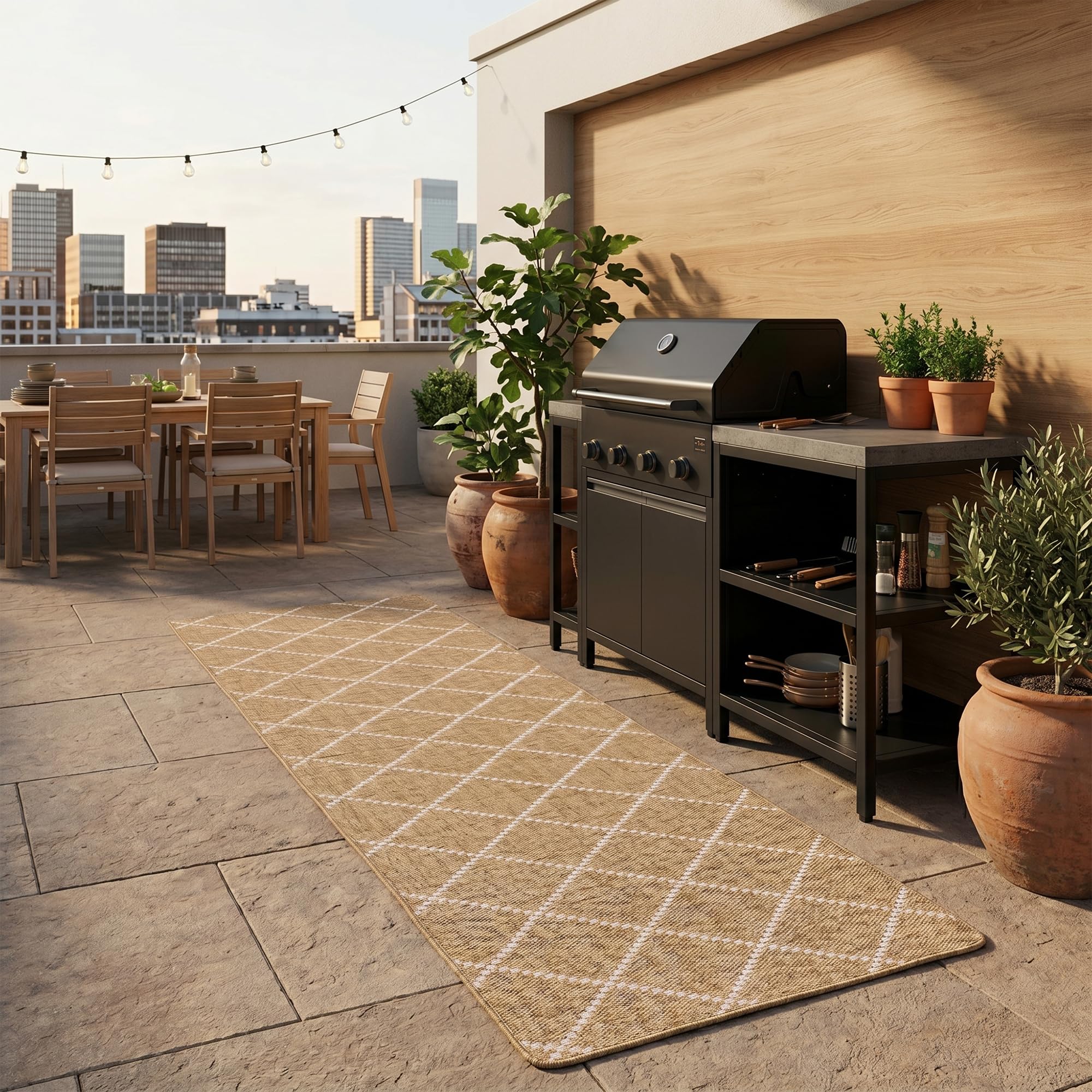 Snapstyle Tapis Couloir Intérieur & Extérieur Newport Beige – Tapis Réversible à Motif Losanges Moderne pour Couloir, Balcon et Terrasse