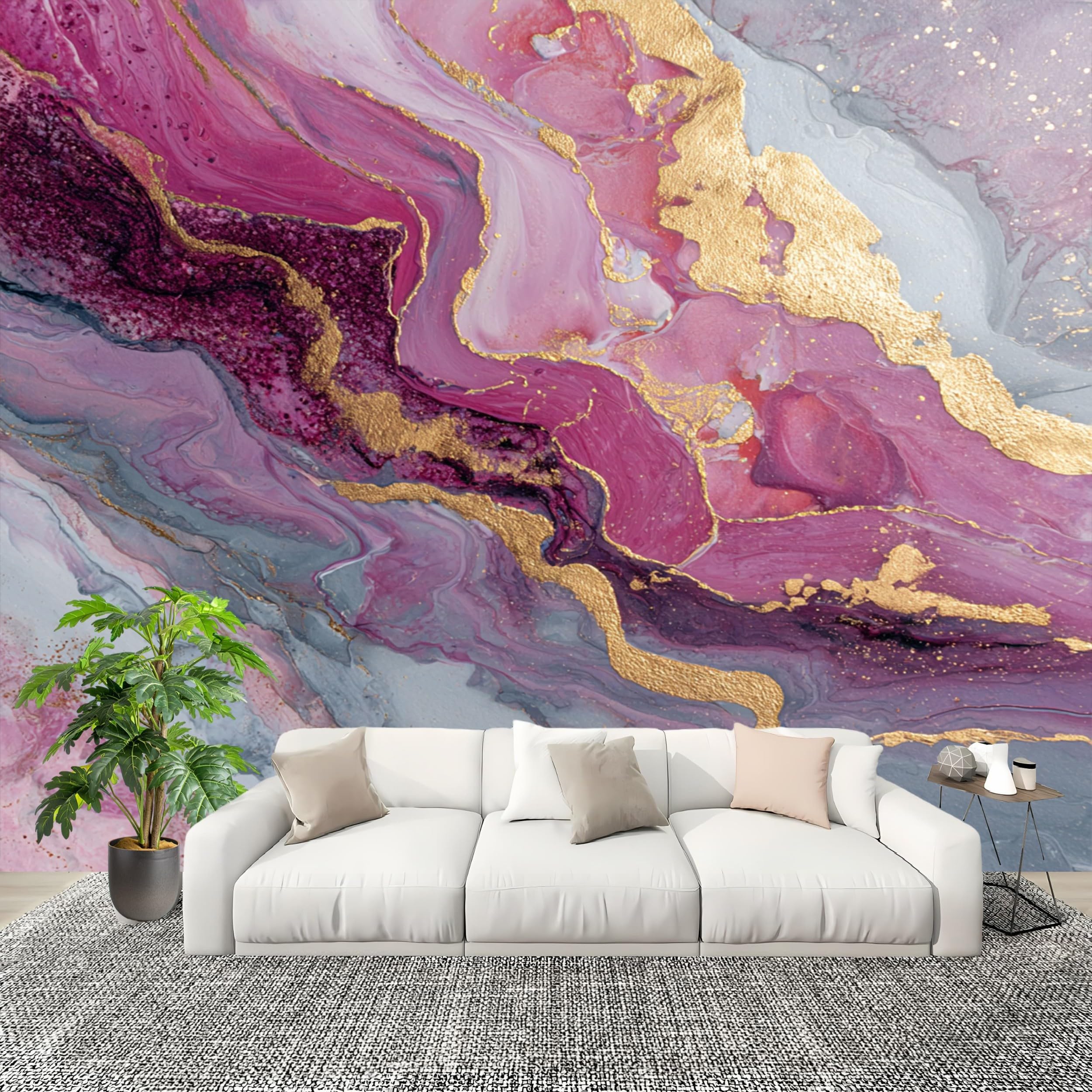 Tapeta z efektem panoramicznym 3D fototapeta 250 x 175 cm, plakat z włókniny olbrzymie złote linie płyn mural salon pokój dziecięcy restauracja dekoracja ścienna, różowy fioletowy