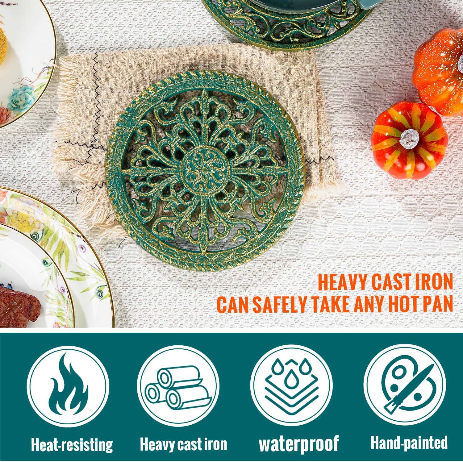 Sungmor 2 Pack Cast Iron Trivets for Hot Dishes - Round Decorative Metal Pot Plate Holder, Heat Resistant Table & Counter Protector for Kitchen and Dining - Vintage Scroll Pattern, Teal Finish