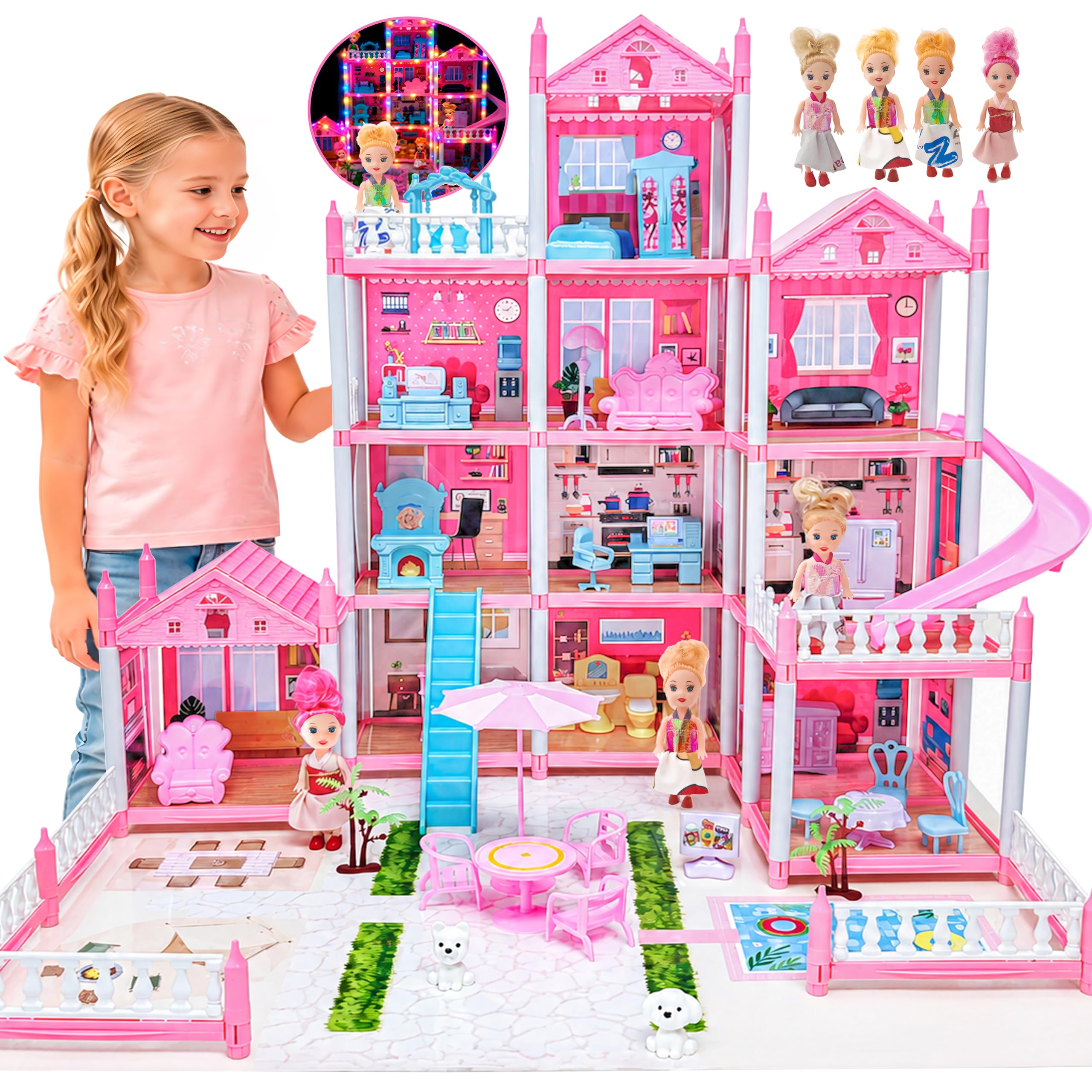 Dream Doll House for Girls Ages 3-16 with Lights, Mat, Dolls & Furniture