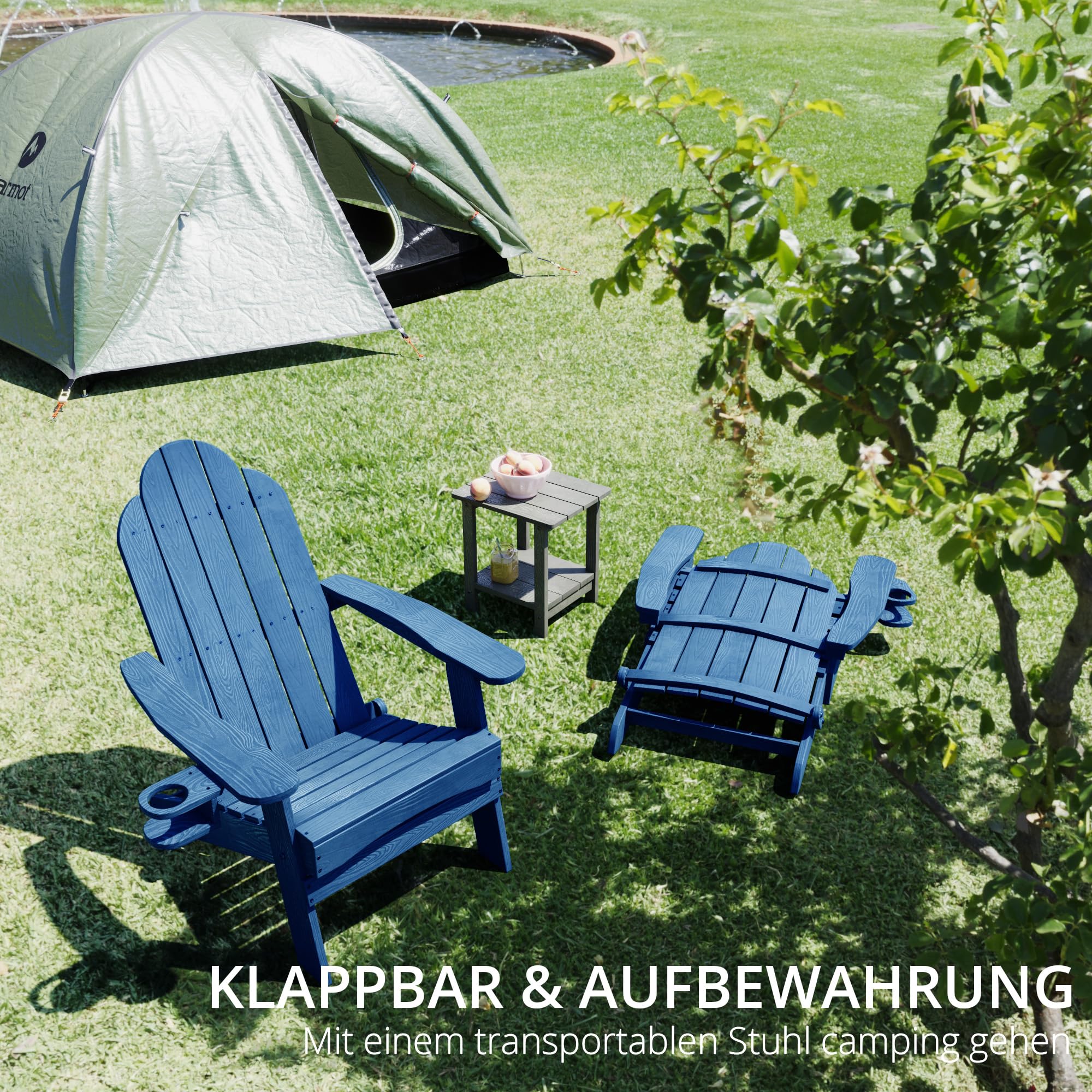 LUE BONA Adirondack Stuhl Klappbar aus Wetterfestem HDPS - 17.1 kg Schwerer Gartenstuhl mit Holzmaserung für Garten, Blau