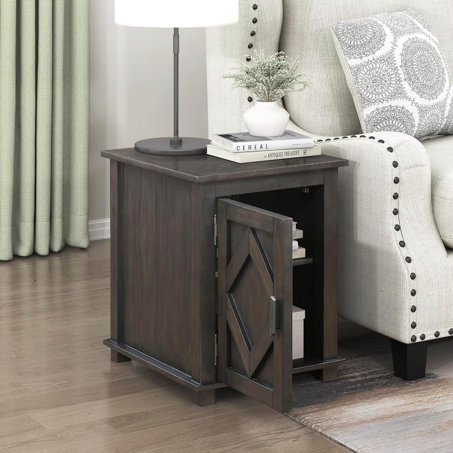 Lexicon Rectangle Wood Chairside End Table with One Door Cabinet Storage and Adjustable Shelf, Pine Wood Veneer Side Table for Contemporary Living Room, Easy Assembly, Brown