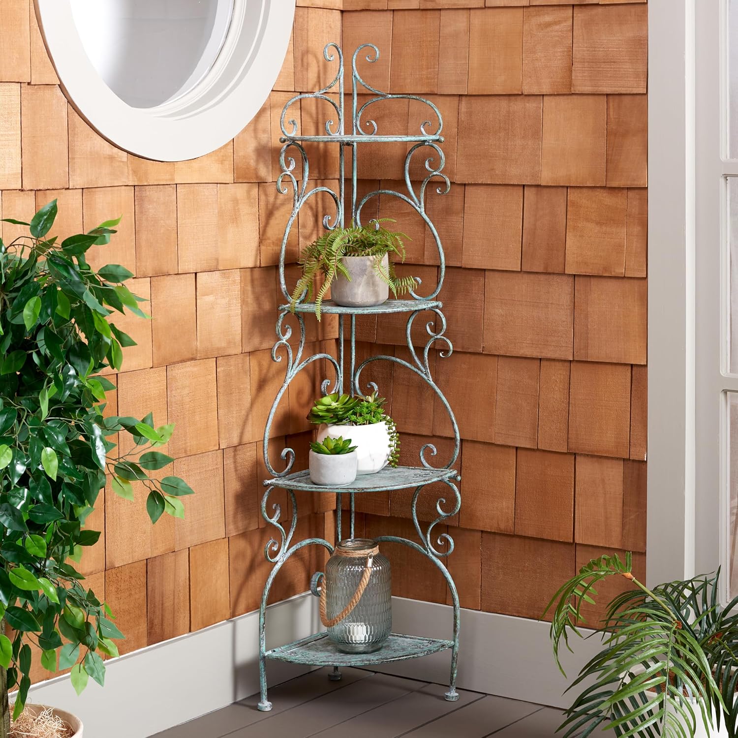 SAFAVIEH Outdoor Collection Turuca Antique Dark Green Wrought Iron 4-Tier Corner Shelf (Fully Assembled)