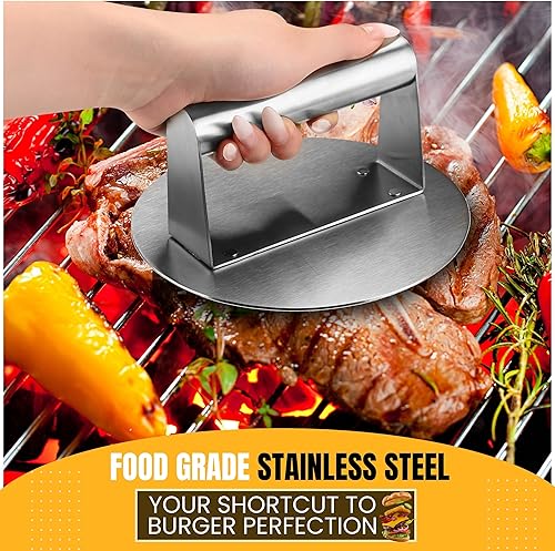 Miniatura 7 de Prensa de hamburguesas  Prensa de hamburguesa de acero inoxidable con espátula, herramienta trituradora de hamburguesas de 6.2 pulgadas, prensa de