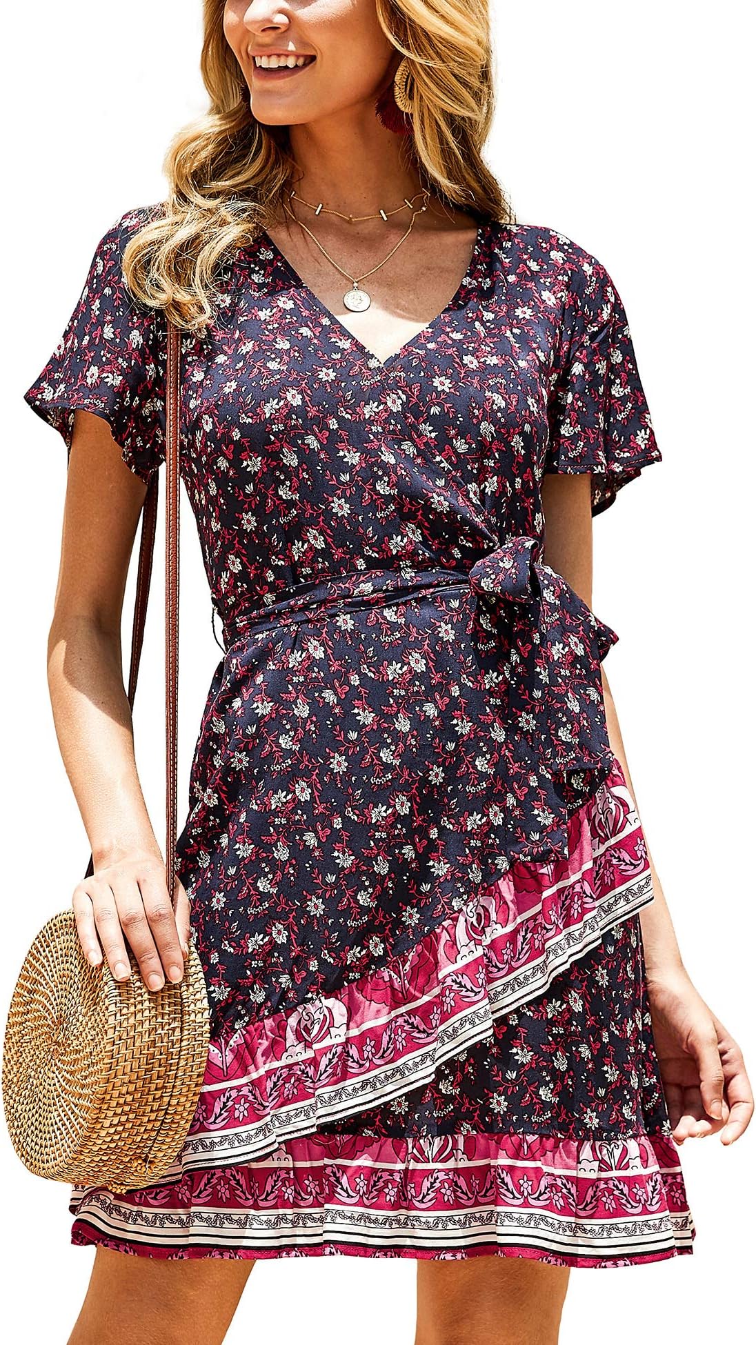 imesrun Womens Wrap Mini Dress Short Sleeve Floral Tie Waist Casual Flare Swing Dress