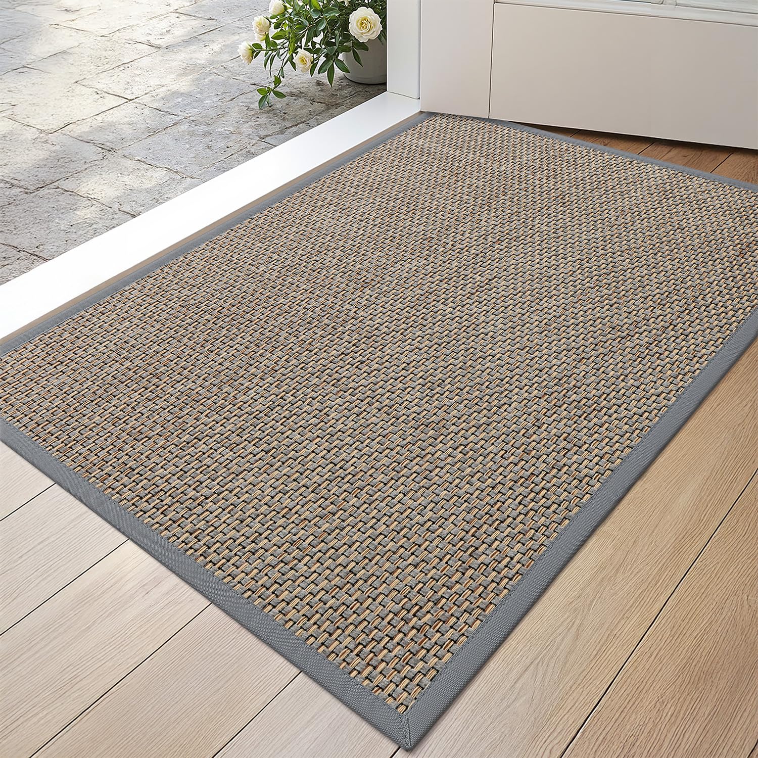 DEXI Door Mat 43 x 76 cm, Non-slip Dirt Trapper Doormat Inside with Rubber Backing, Low Profile Indoor Floor Mats for Hallway Entrance, Doorways, Porch, Grey