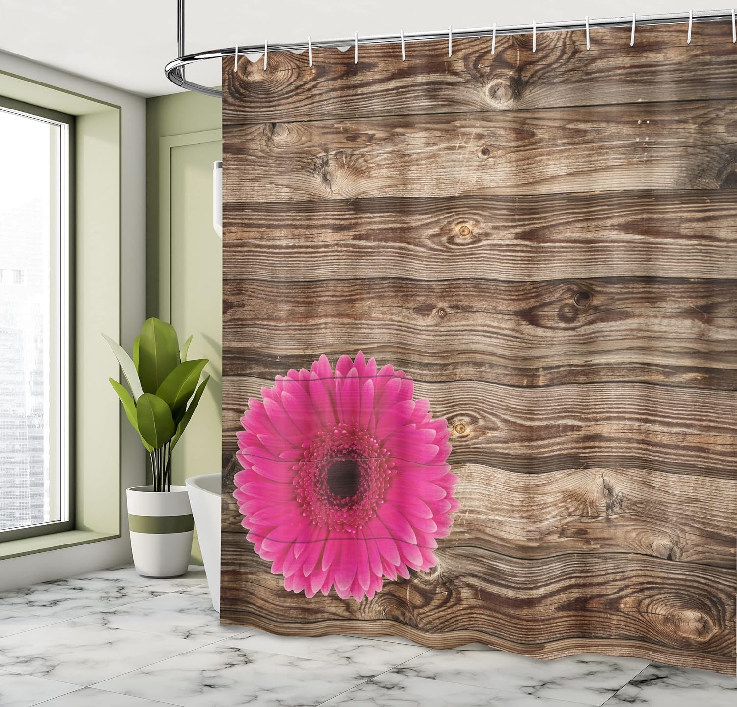 Ambesonne Rustic Shower Curtain, Hot Giant Pink Flower Petals on The Wooden Rustic Board Background Artisan Picture Print, Cloth Fabric Bathroom Decor Set with Hooks, 69" W x 70" L, Brown Purple