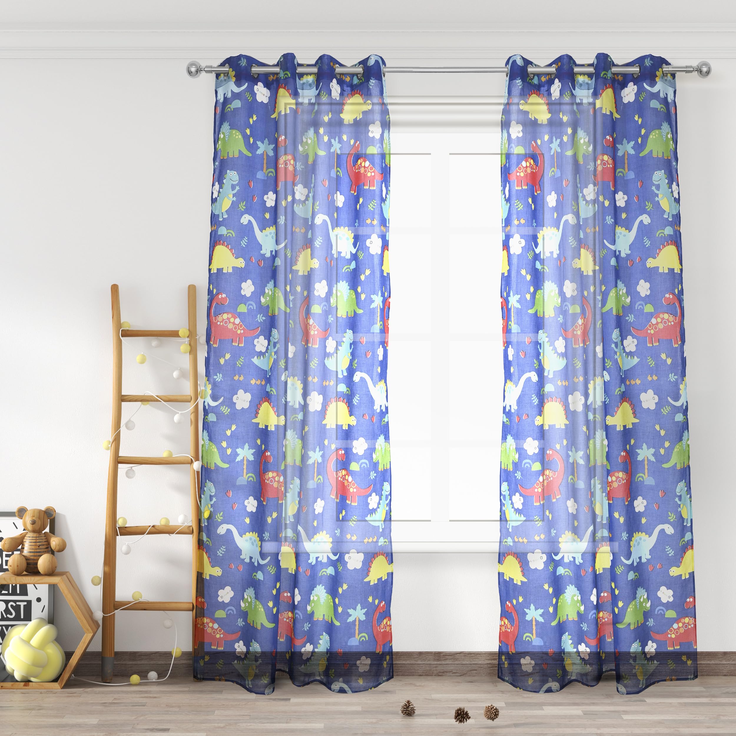 HOMEYA - 2 x 140 x 260 cm Transparent Children's Curtain with Dinosaurs Design for Children's Room. 100% Polyester