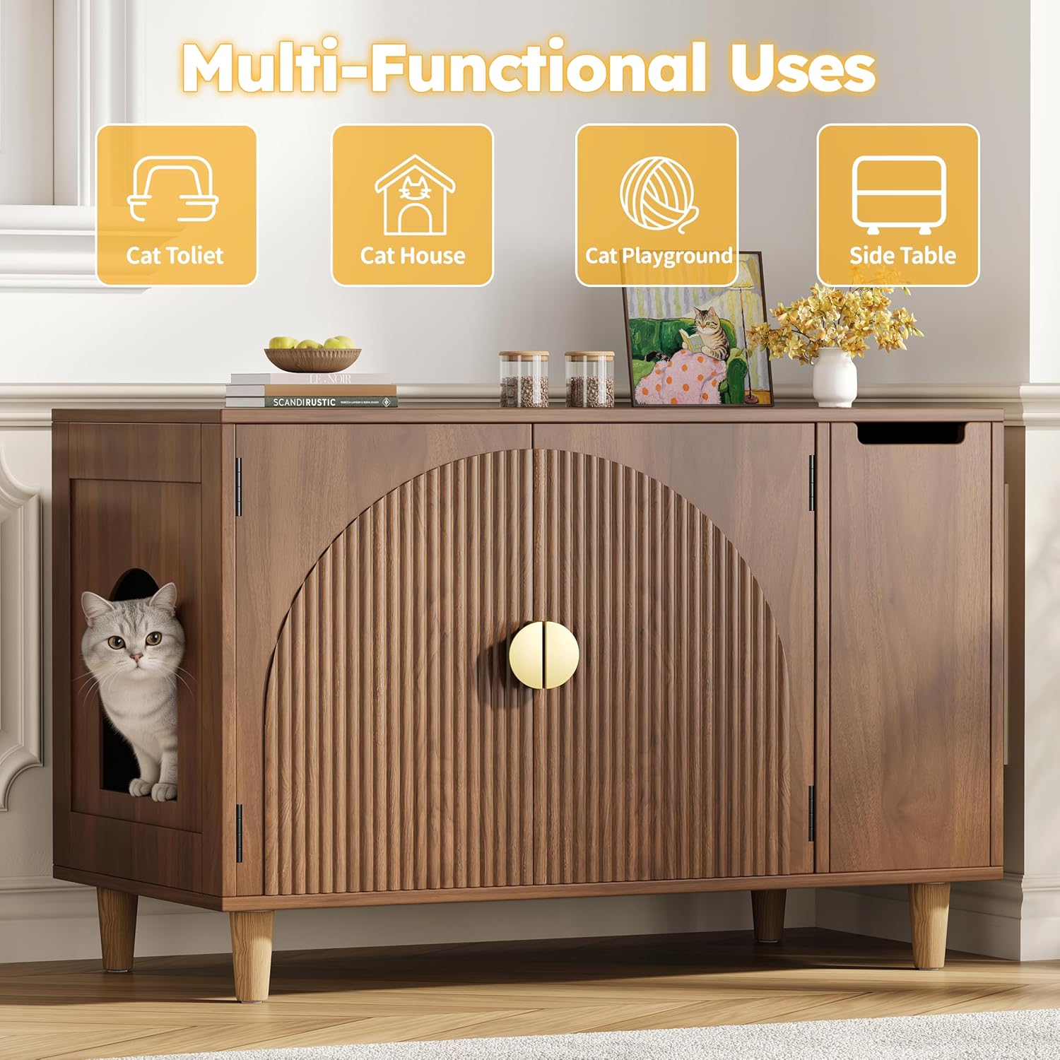 35.4" Fluted Cat Litter Box Enclosure, Wooden Hidden Litter Box Enclosure Furniture with 2 Layer Drawer, Modern Indoor Cat House, Side End Table for Living Room, Entryway, Bedroom, Walnut