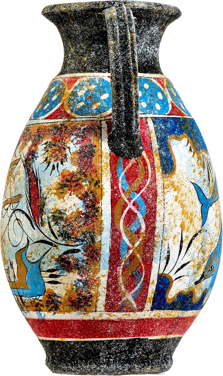 Ancient Greek Minoan Amphora Handmade Ceramic Pottery Vase with Fresco Dolphins Mural