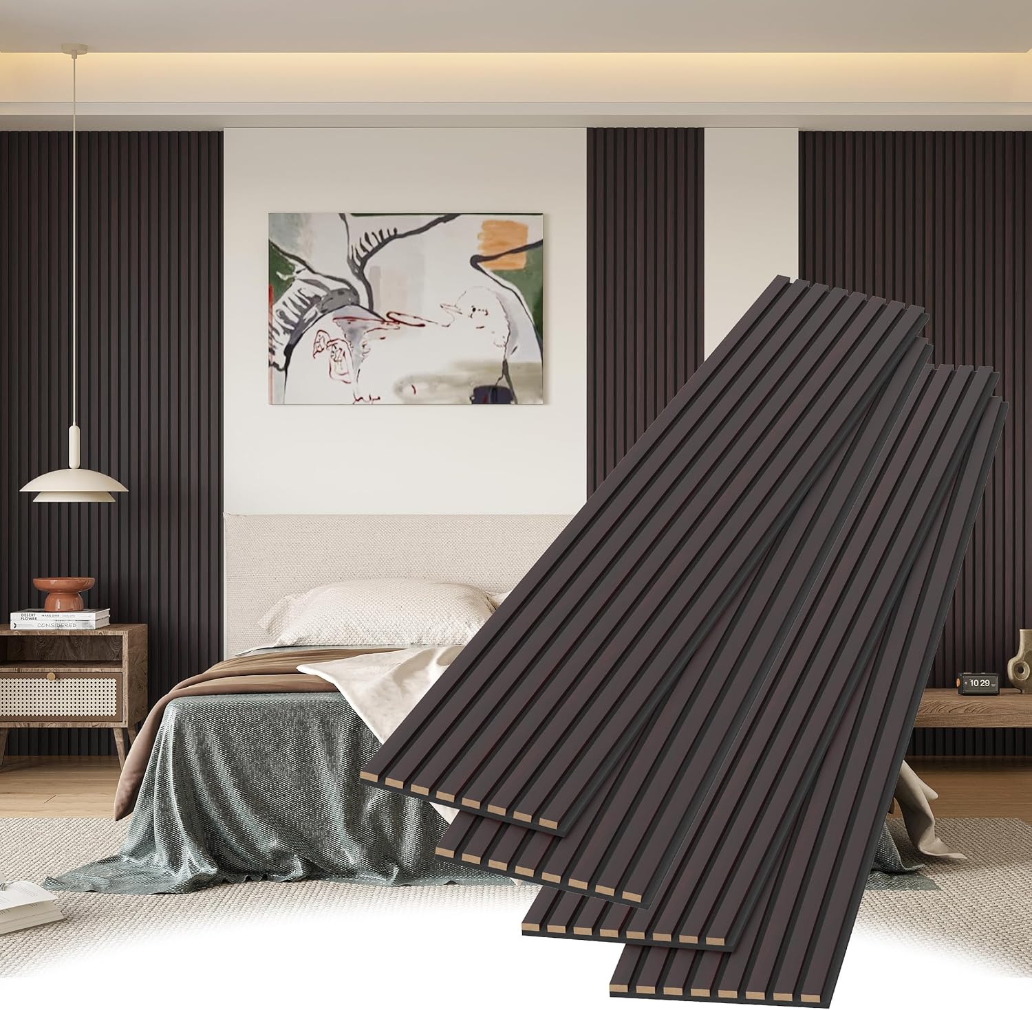 POHARE Wood Slat Wall Panels, 2 Pack 8 x 1 ft Decorative Wood Panels for Wall,Stylish Wall Panels for Interior Wall Decor, Modern Acoustic Wood Wall Panels with Felt Backing, Walnut