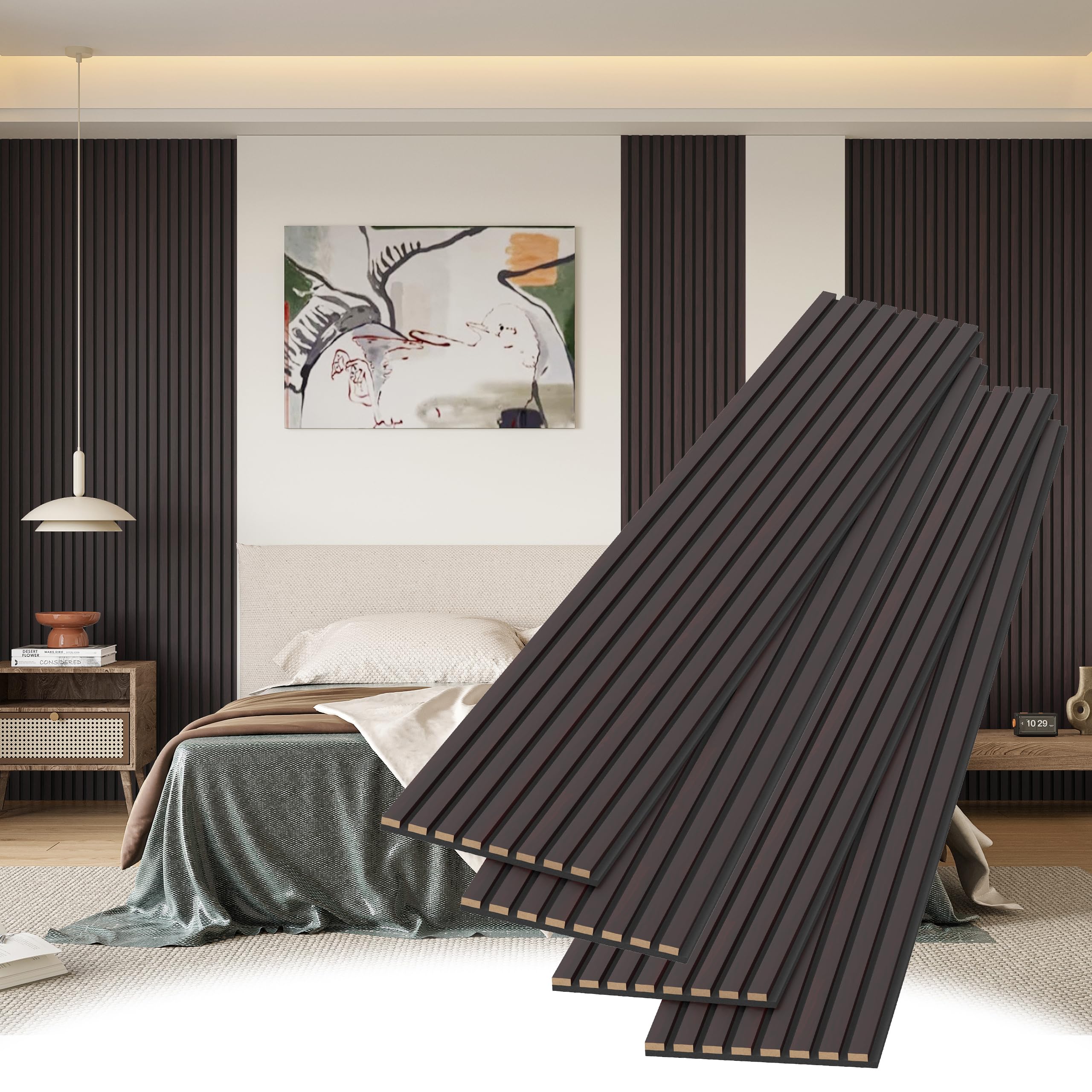 Stylish Decorative Wall Panels, 4 Pack 8 x 1 ft, Modern Acoustic Wood Panels with Felt Backing, Black-Brown Oak