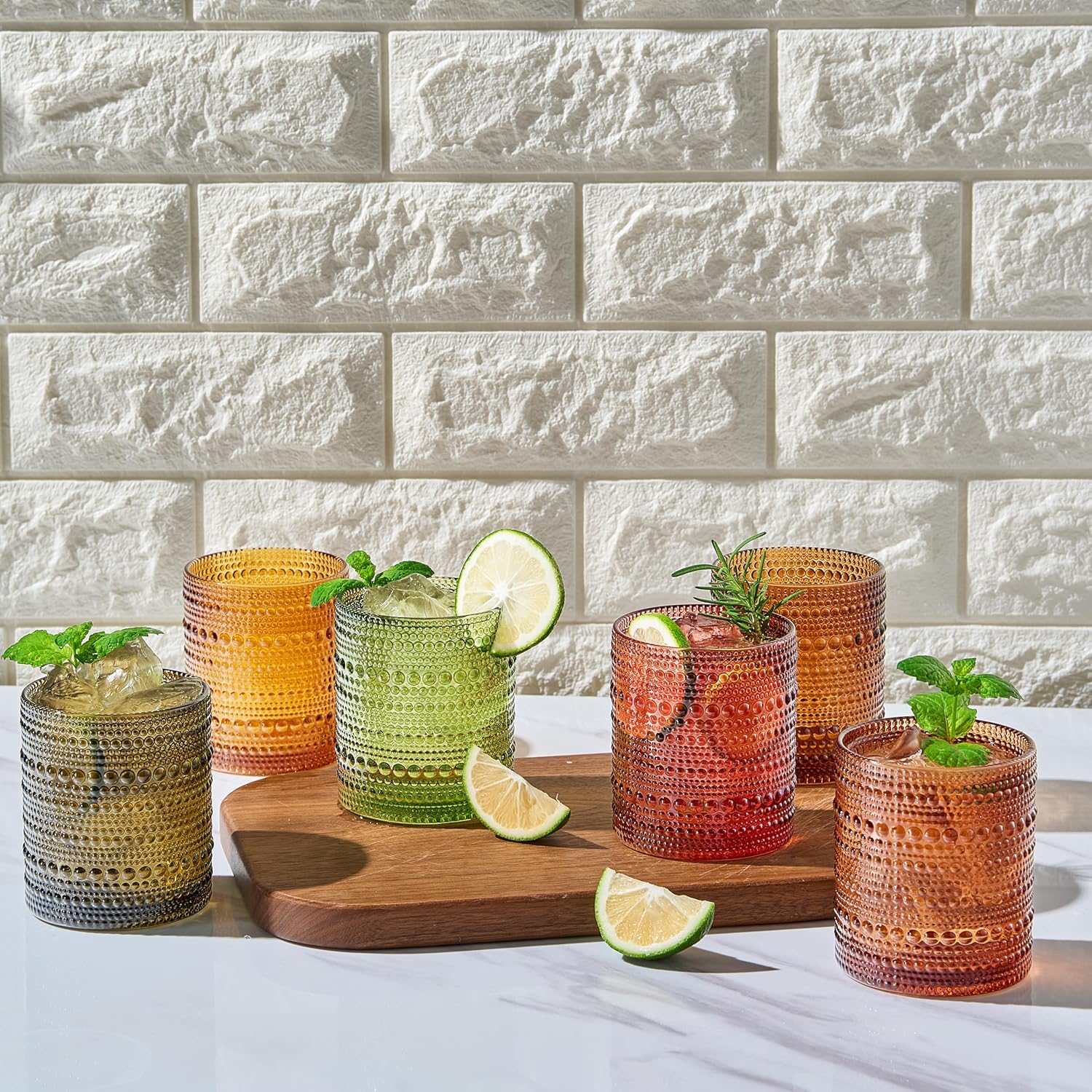 Khen Shades of Fall Hobnail Beaded Highball Drinking Tumbler Glasses | Set of 6 | 11 Ounces | Vintage Bubble Design Whiskey Glassware, Old-Fashioned, Embossed Design for Water, Wine, Cocktail
