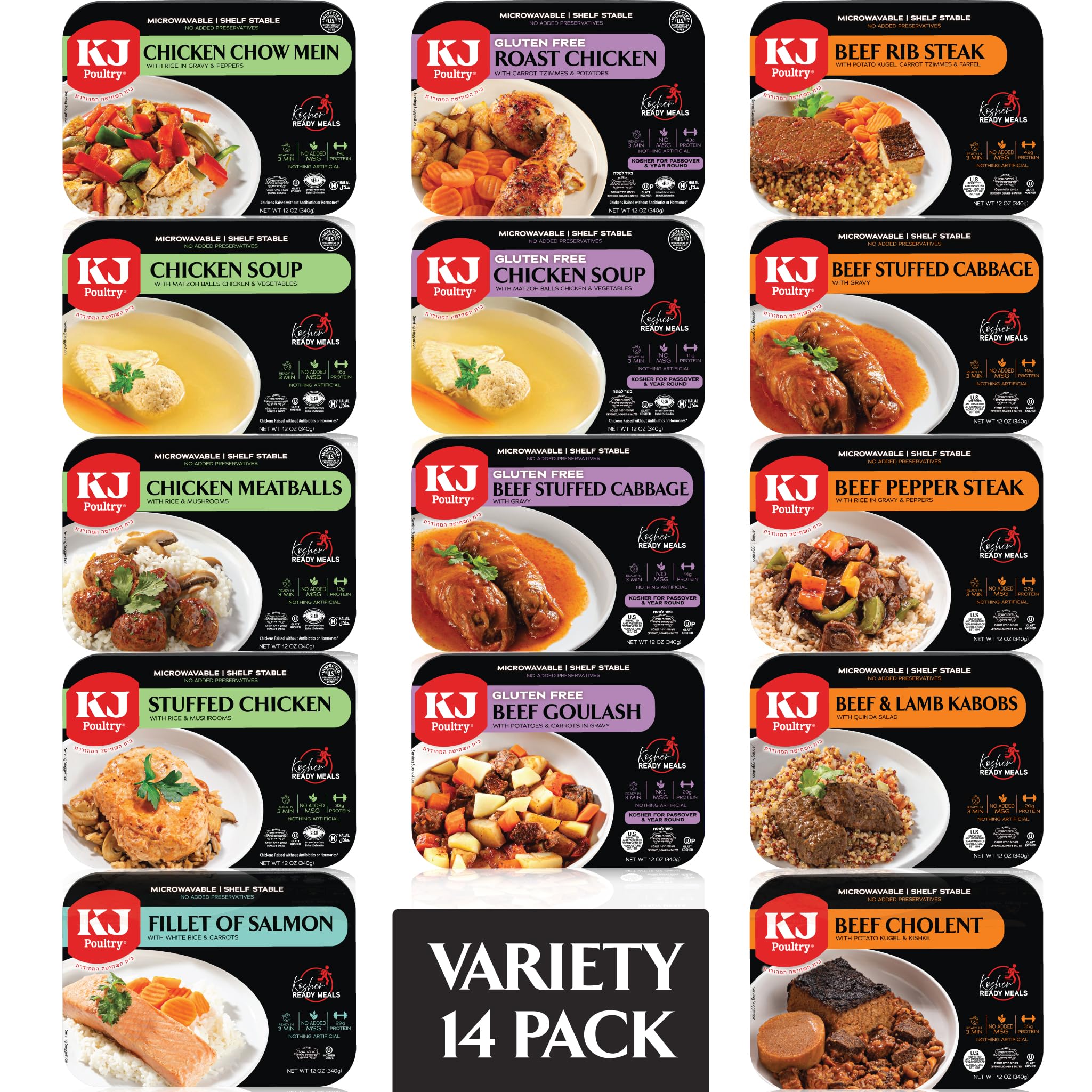 KJ Poultry Kosher Ready Meals - Chicken Beef and Salmon Fish (14 Pack Variety) Prepared Entree Fully Cooked Shelf Stable Microwave Dinner Travel Military Camping Emergency Survival