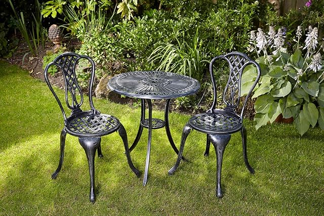 Homesource Grey Bistro Set Outdoor Patio Garden Furniture Table and Metal Frame, 2 Chairs