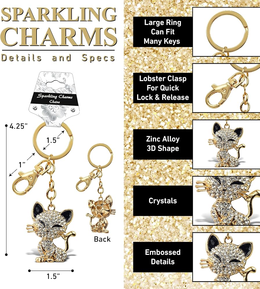 Aqua79 Happy Cat Keychain - Gold 3D Sparkling Charm Rhinestones