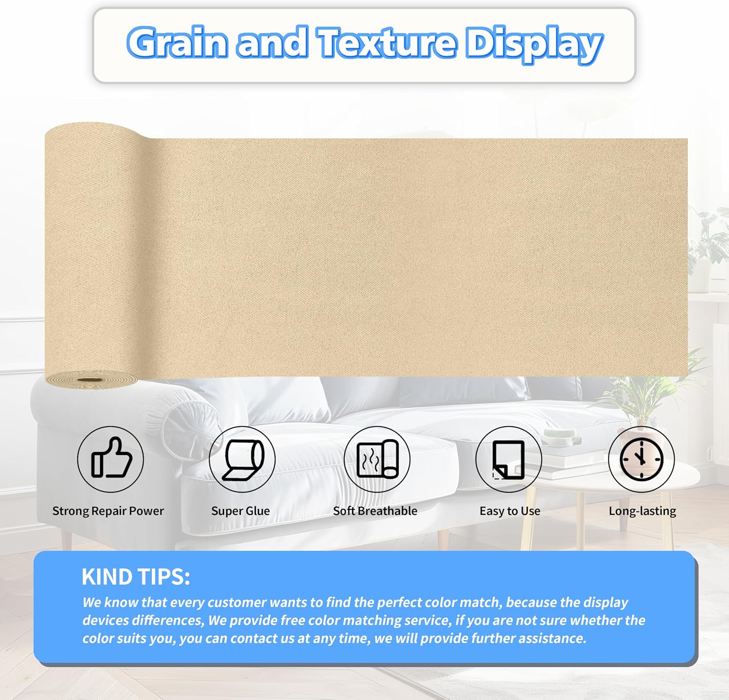 KING MOUNTAIN Couch Fabric Repair Patch, Fabric Patches for Furniture, 4" x 63" Waterproof Velvet Repair Tape for Sofas, Car Seats, Furniture, Upholstery Fabrics and Velvet Goods. （Beige）