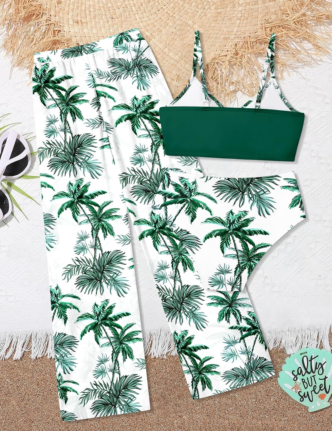 Girls Swimsuit 3 Piece Tropical Print Bathing Suit V Neck Bikini Set with Quick Dry Cover Up Pants 9-16Y - Image 6