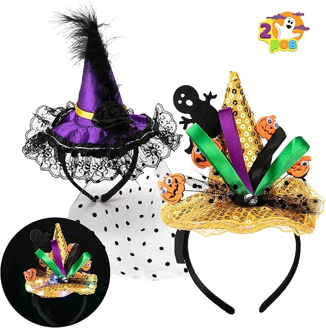 JOYIN 2 Pcs Halloween LED Headbands Light Up Witch Hat Headband, Pumpkin Sequin Hat Headbands for Halloween Costume Dress up Party Supplies, Halloween Party Favor, Cosplay, Halloween Accessories