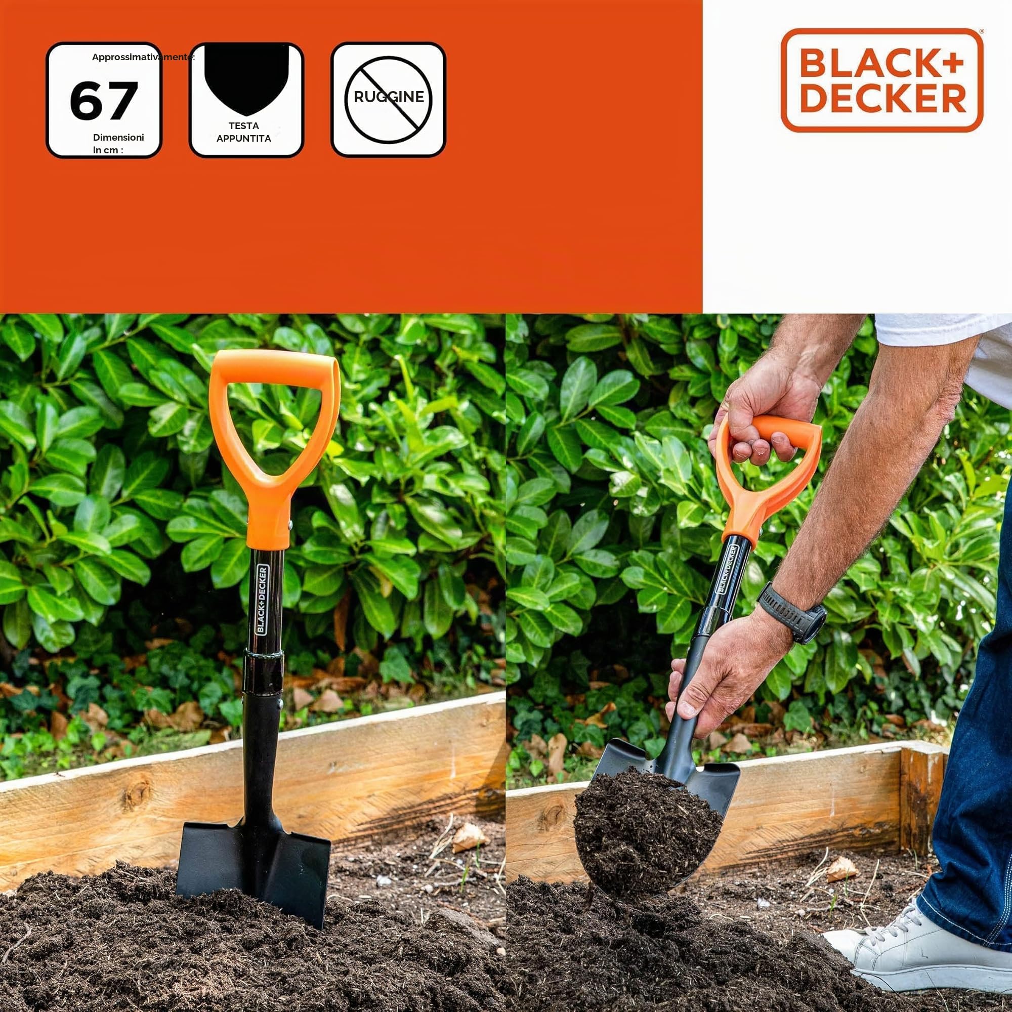 BLACK+DECKER Pala – 67 cm – 800 GR – Inossidabile – Testa in acciaio al carbonio e manico in fibra di vetro – Nero