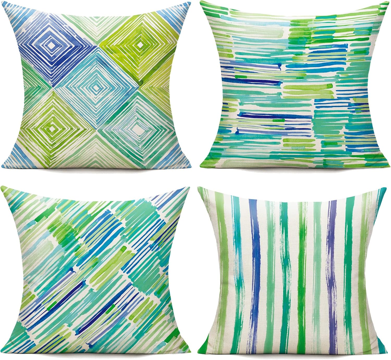 Green Outdoor Throw Pillow Covers 20X20 Set of 4 Blue Couch Patio Furniture Bench Geometric Striped Square Indoor Decorative Cushion Cases Abstract Modern Home Decor for Bedroom Sofa Porch