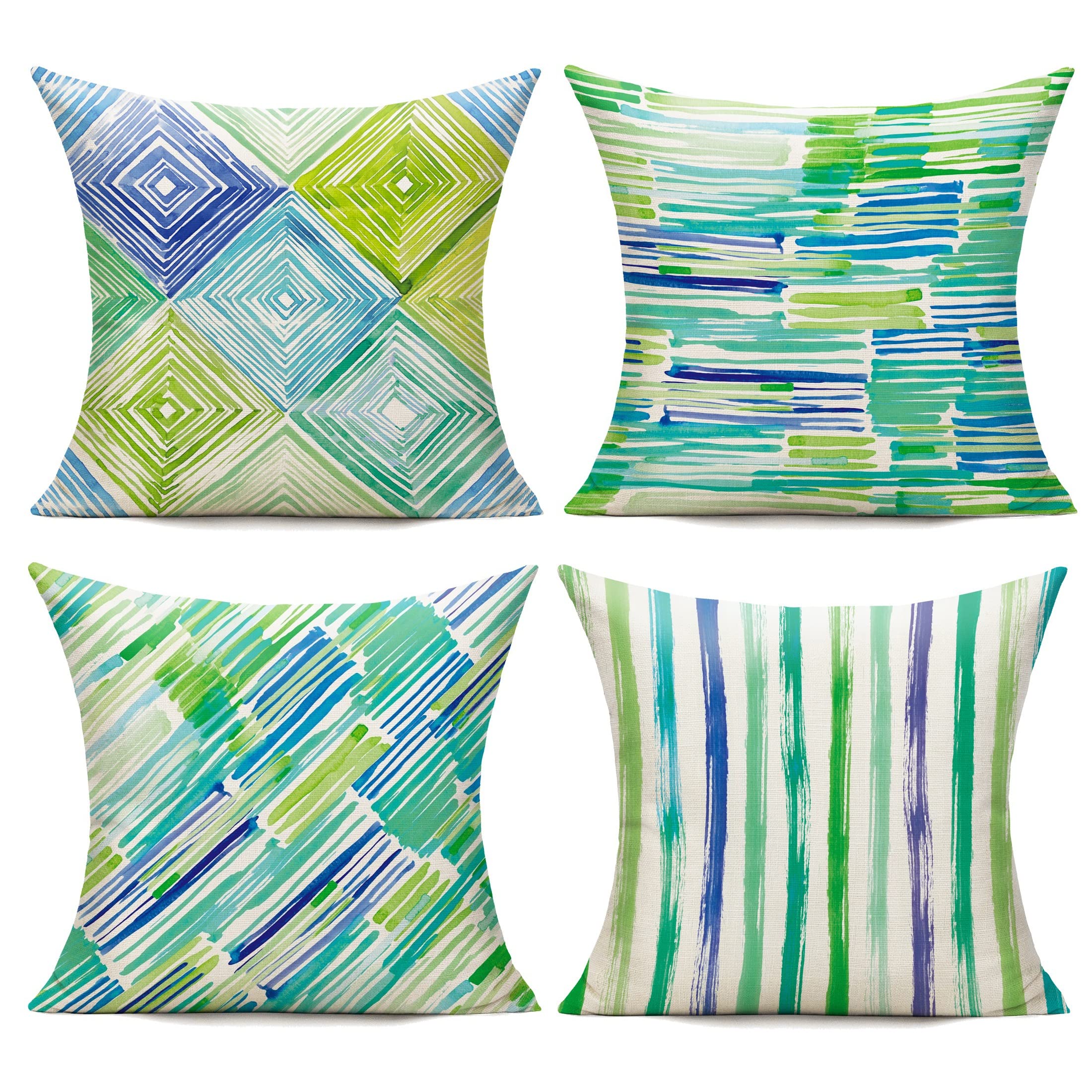 WOKANI Green Outdoor Throw Pillow Covers Blue Couch Patio Furniture Bench Geometric Striped Square Indoor Decorative Cushion Cases Abstract Modern
