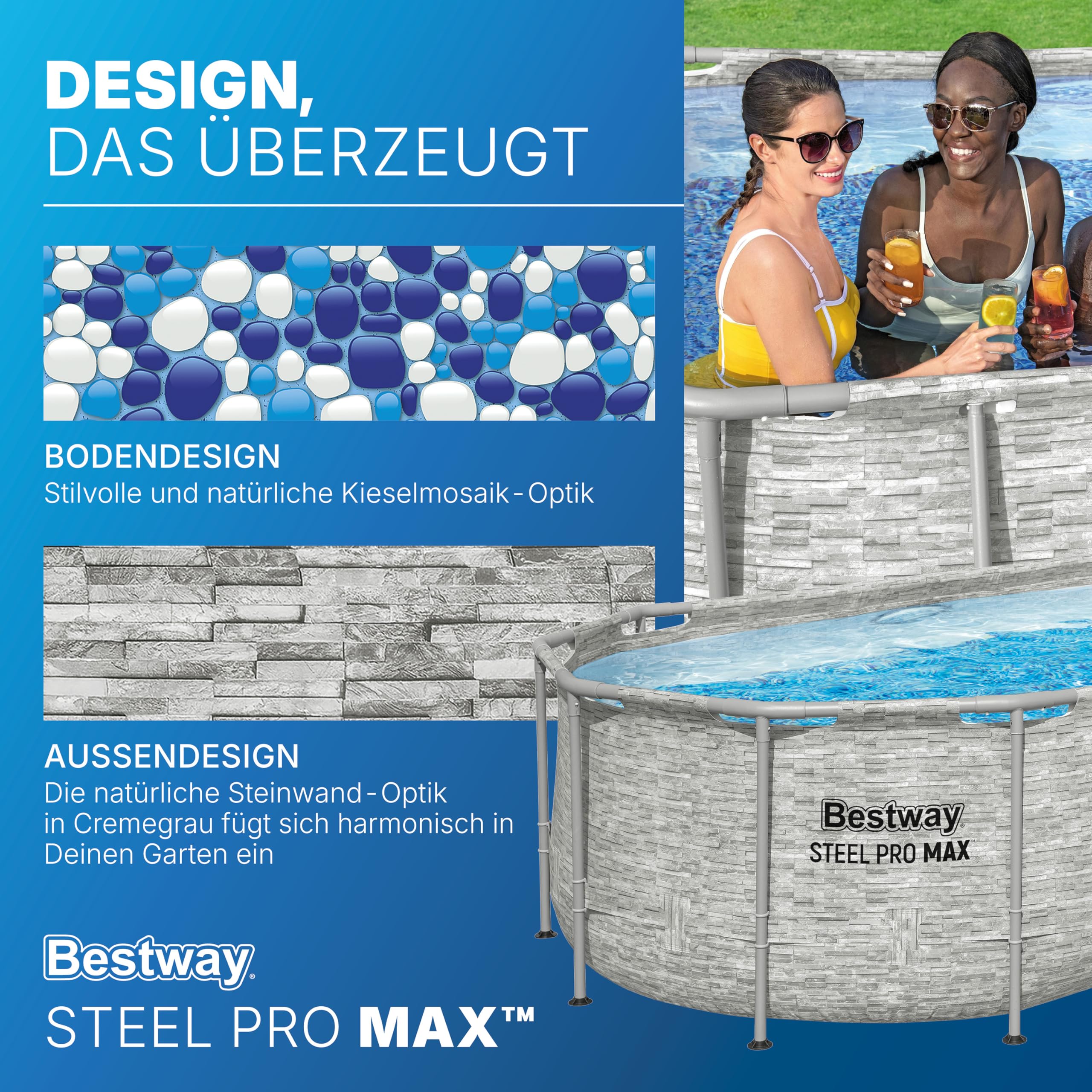 Bestway Power Steel Swim Vista Series Frame Pool Komplett-Set mit Filterpumpe 427 x 250 x 100 cm, Steinwand-Optik (Cremegrau), oval