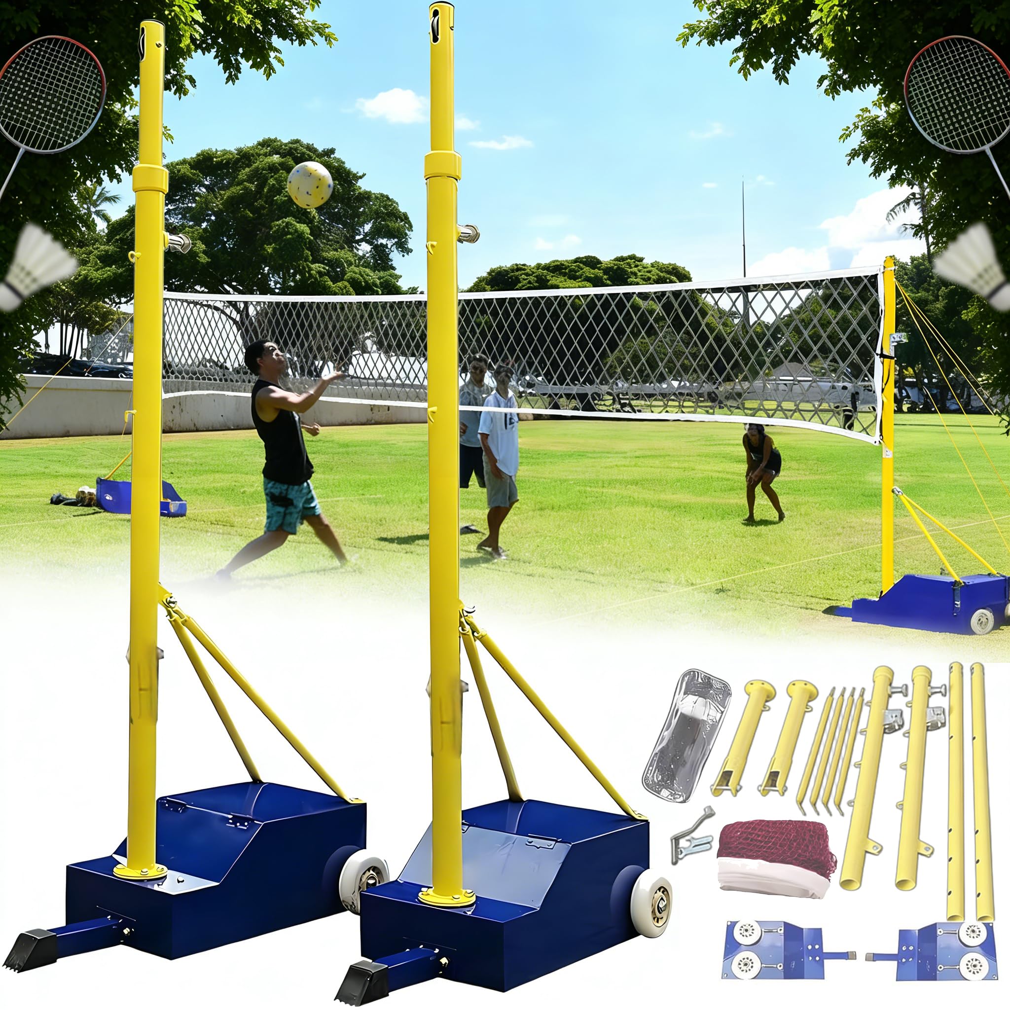 Volleyball Poles, Indoor Volleyball Net, New Upgrade Portable Volleyball Net Systems 5ft-6.9ft Adjustable with Poles - Heavy-Duty Outdoor/Indoor Badminton Set for Backyard, Beach, Lawn, Gym