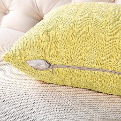 Miniatura 4 de Home Soft Things Juego de 2 fundas de almohada decorativas de punto trenzado, color amarillo jojoba con hilo plateado metálico, funda cuadrada de 20