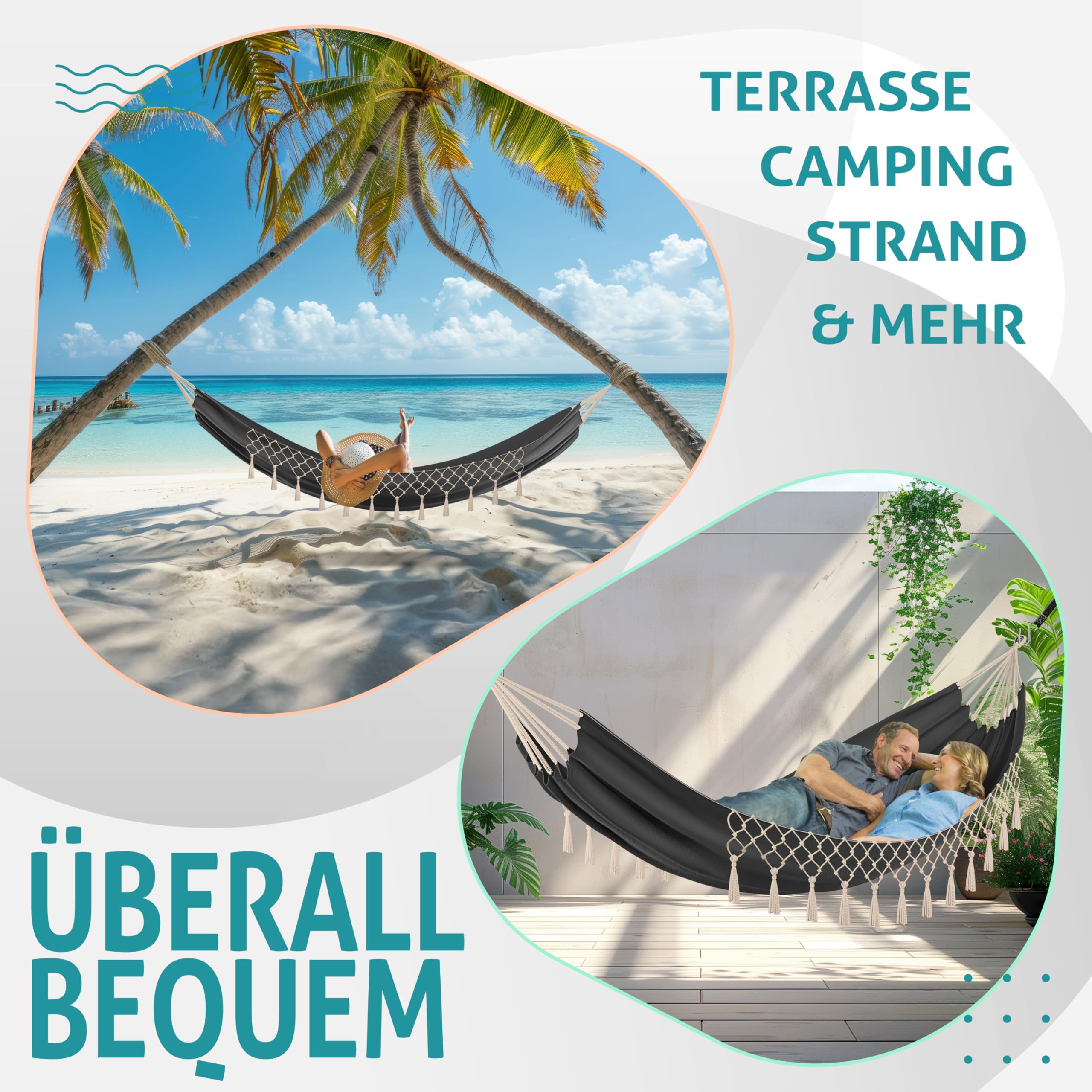 KESSER® Hängematte 320x150 cm belastbar bis 300 kg, wetterfeste & atmungsaktive Tuchhängematte mit Fransen für 1-2 Personen – Ideal für Camping, Garten & Outdoor, inkl. Beutel, Seile & Gurte,Anthrazit
