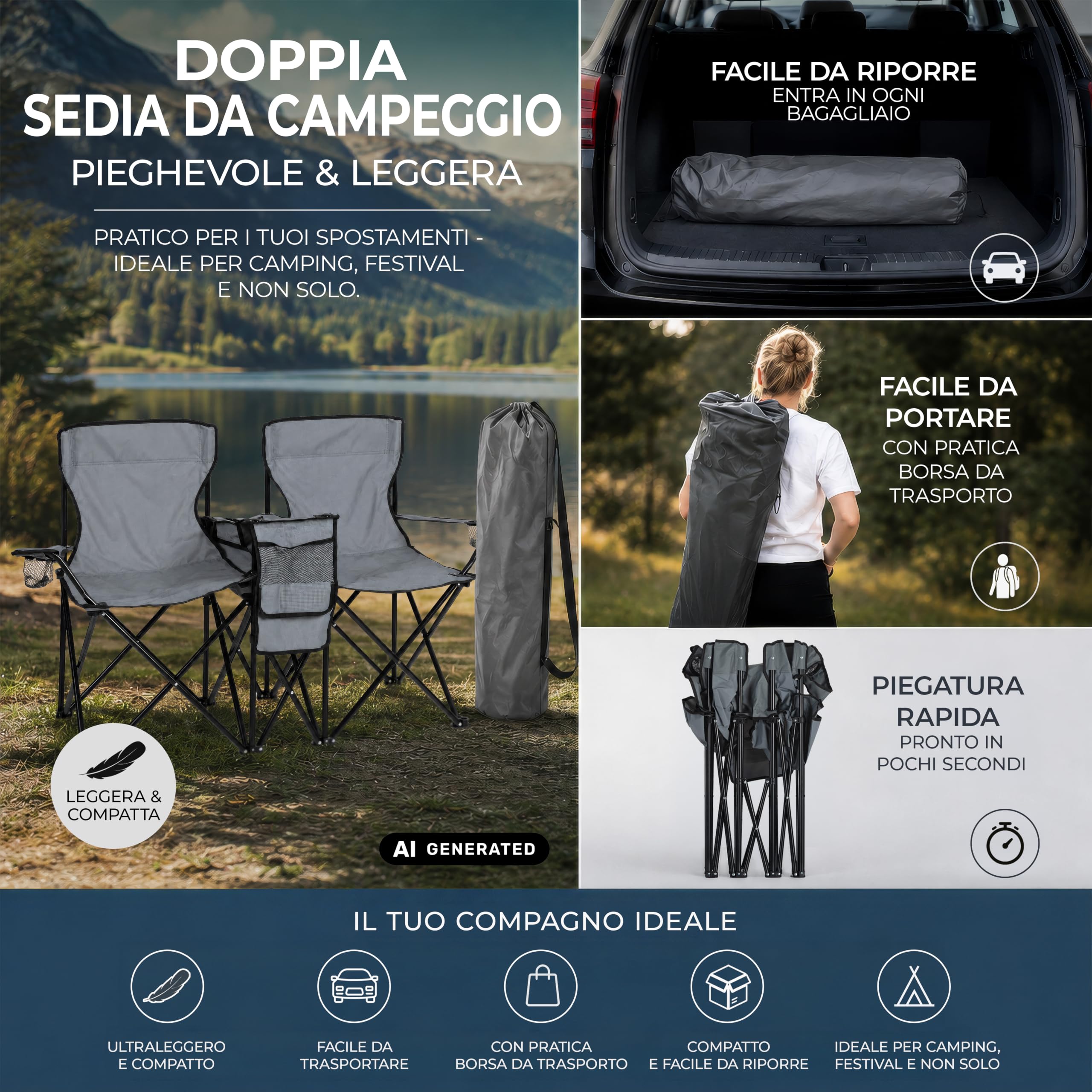Stagecaptain CS-1485 Sedia da Campeggio Doppia, Tasca esterna spaziosa | Sedia da campeggio doppia in tessuto Oxford 600D, Perfetta per campeggio, festival, picnic ed escursioni, Dimensioni, 5 cm
