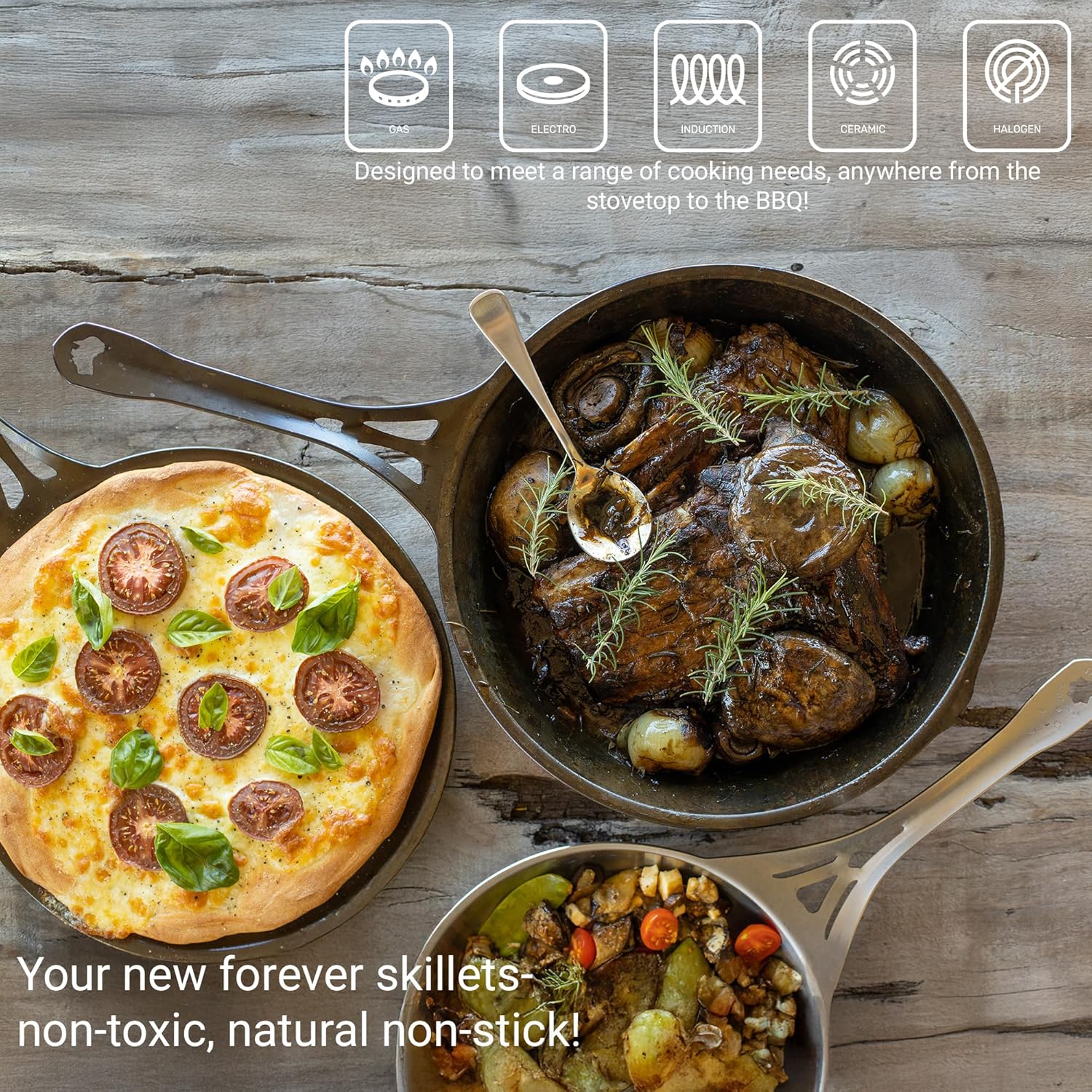 SOLIDTEKNICS 11" Outdoor Skillet Set – Naturally Seasoned Australian Iron Skillet with Stainless Steel Flipper & Mini Pan Scraper Camping Cookware for Grill, Smoker, Fire Pit & Campfire Cooking