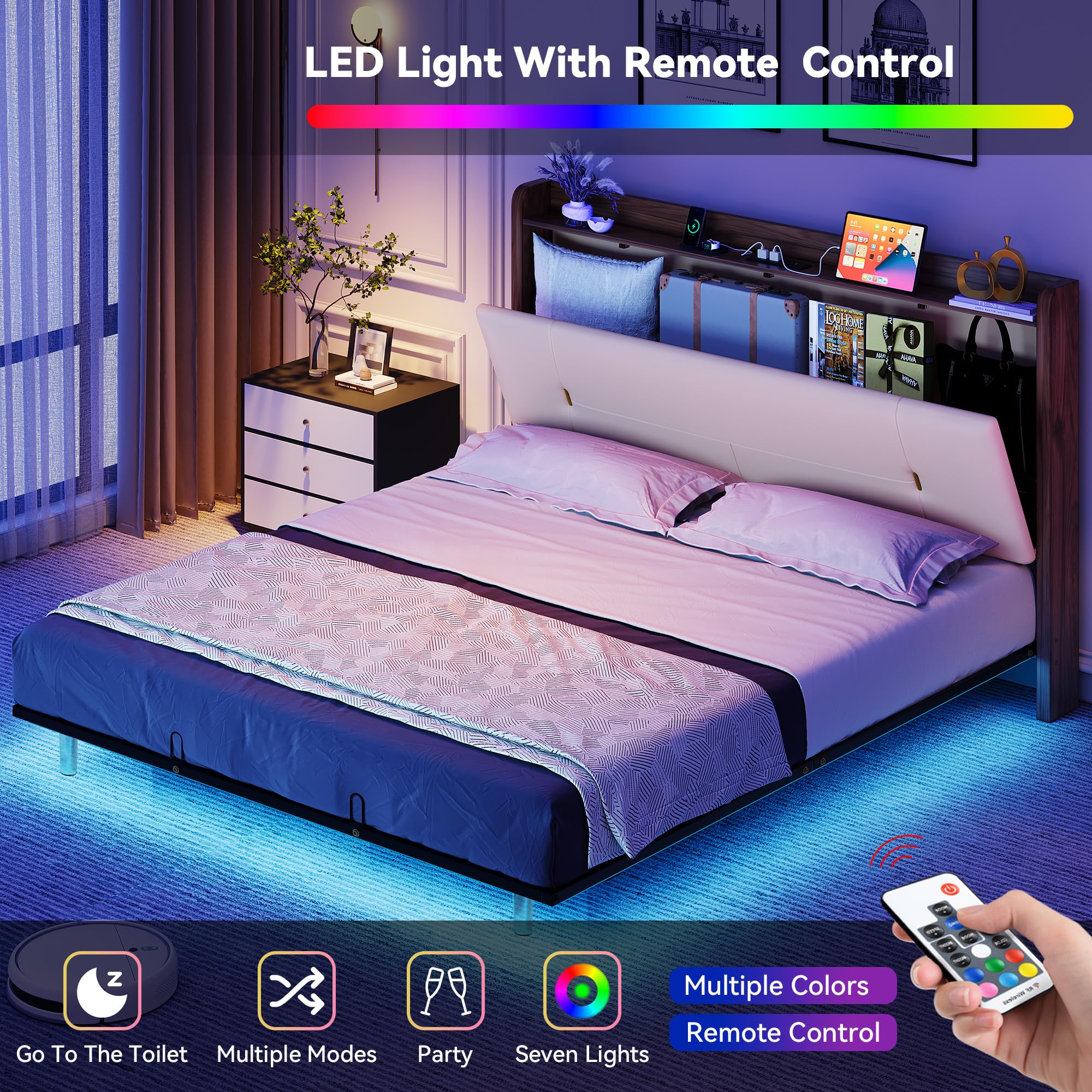 YITAHOME Queen Size Floating Bed Frame with RGB LED Lights Storage ...