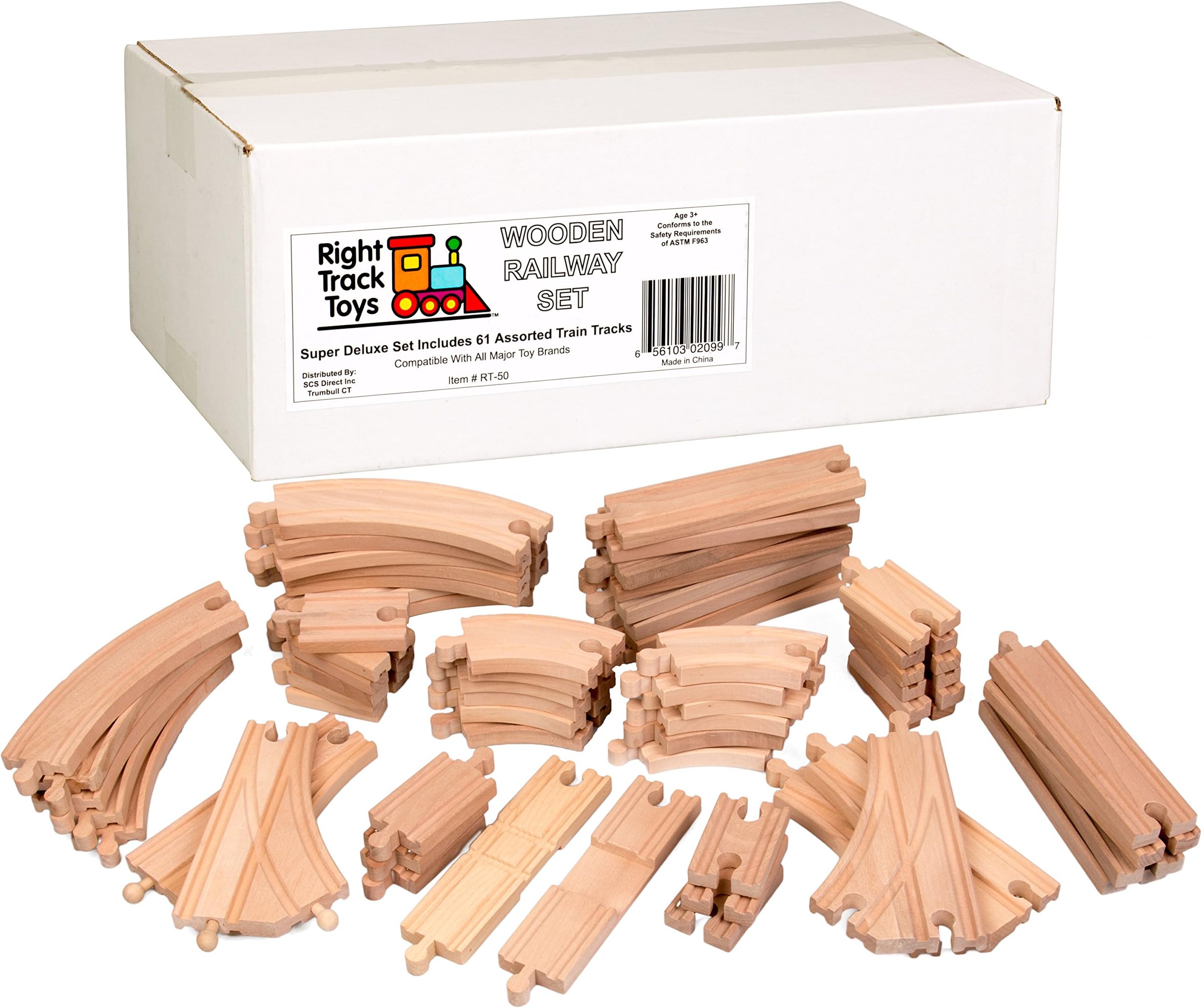 Wooden Train Track - 61 Piece Set 100% Compatible with Thomas, Brio, Chuggington, and Other Major Brands