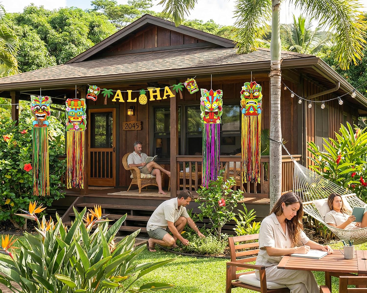10Pcs Hawaiian Luau Party Decoration - Tropical Tiki Hanging Decor with Aloha Banner for Hawaii Summer Outdoor Door Sign Birthday Supplies - Style 2