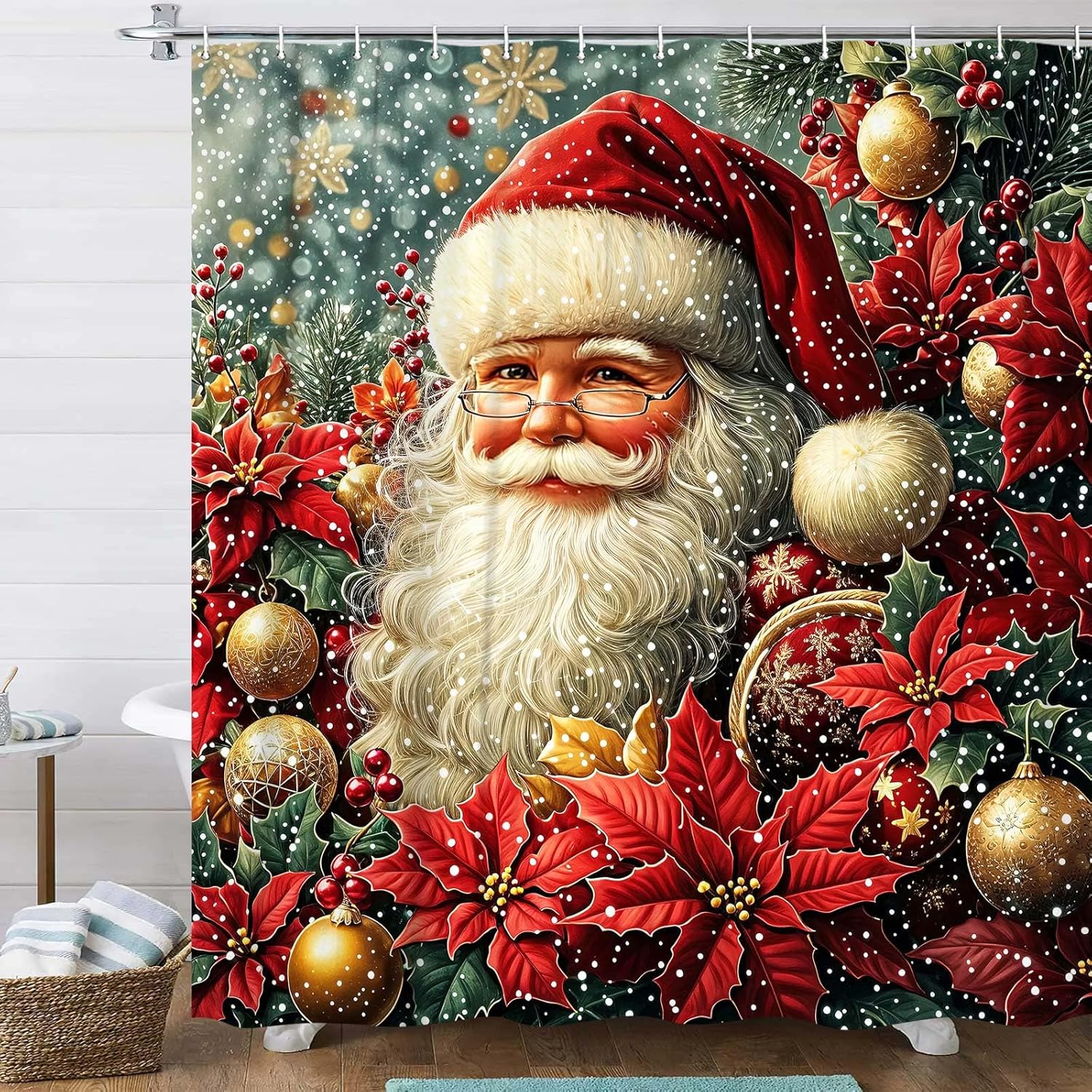 JAWO Christmas Shower Curtain for Bathroom, Retro Santa Claus Floral Merry Christmas Shower Curtain Set, Red Xmas Holiday Fabric Bath Accessories Curtains Decor with Hooks，color2,72X75