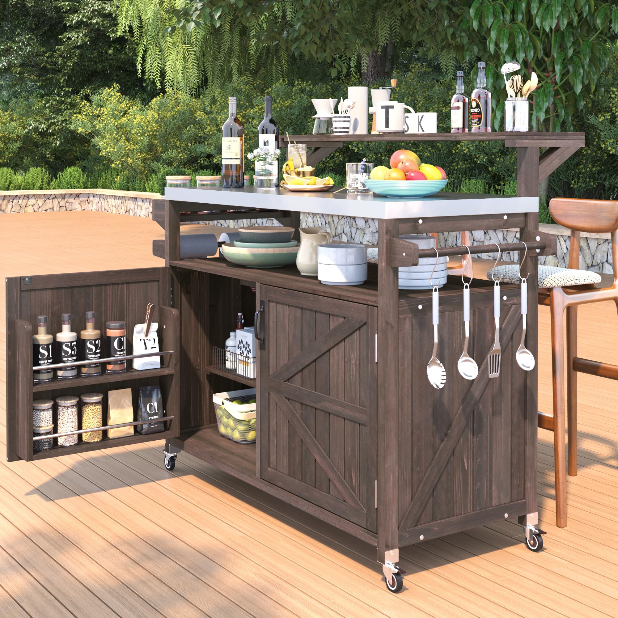 Merax Grill Cart with Stainless Steel Tabletop - 53.3" Outdoor Storage Cabinet with Raised Shelf, Bar Patio Kitchen Island with Ample Storage and Lockable Wheels,Brown
