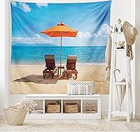 Vista 1 de Lunarable Tapiz costero, tumbonas y mar Caribe bajo el parasol naranja, imagen de vacaciones de luna de miel, decoración de tela para colgar
