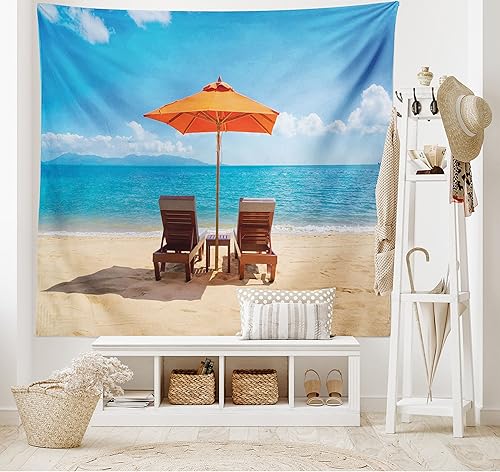 Lunarable Tapiz costero, tumbonas y mar Caribe bajo el parasol naranja, imagen de vacaciones de luna de miel, decoración de tela para colgar en la